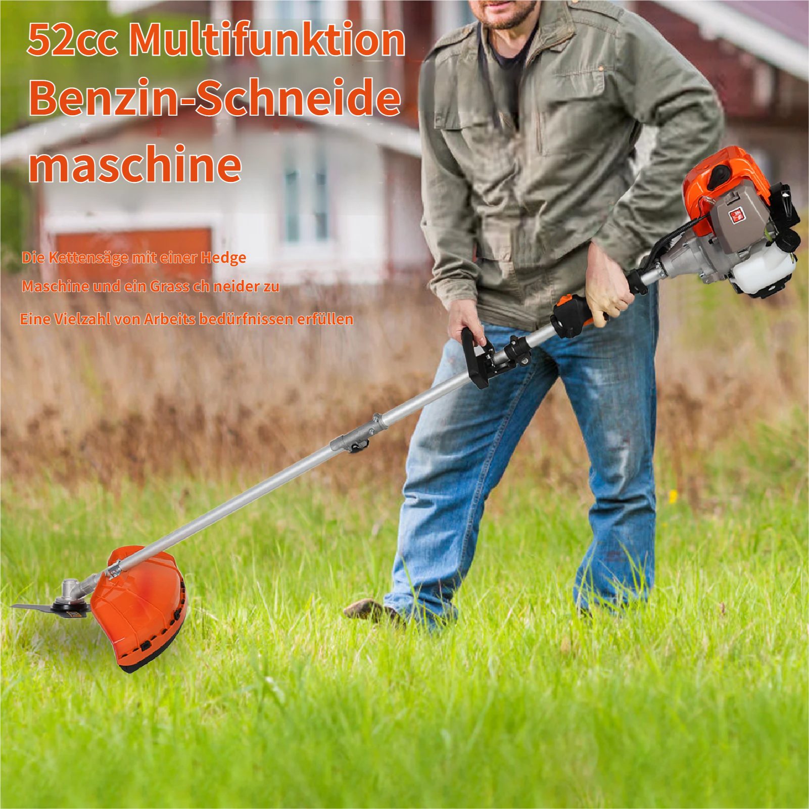 Rutaqian Benzinrasenmäher Multifunktionaler Benzin-Rasenmäher, 52CC Kettensäge, Freischneider, 5-in-1 Benzin-Heckenschere, Grasschneide, Hochastsäge für den Haushalt