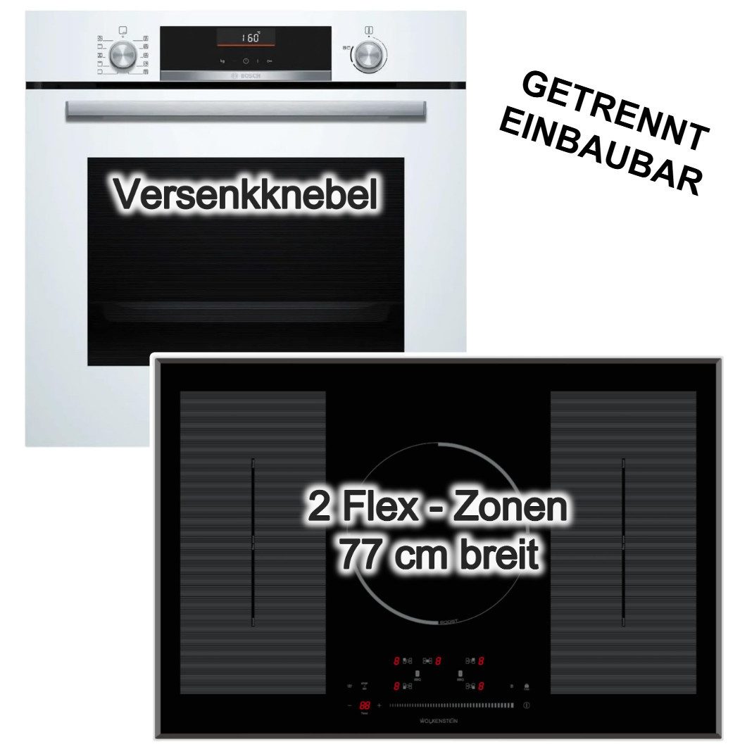 BOSCH Backofen-Set Backofen AirFry 3DHeißluft weiß+ Wolkenstein Induktionsfeld 77cm Flex, EcoClean Direct