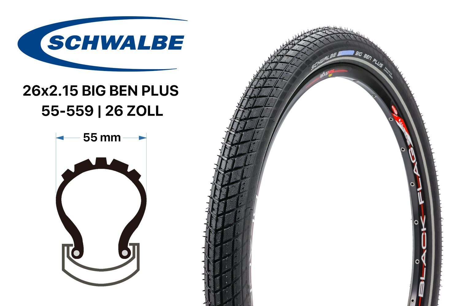 Fahrradreifen 26 Zoll Schwalbe Big Ben Plus Fahrrad Reifen 26x2.15 City Bike GreenGu