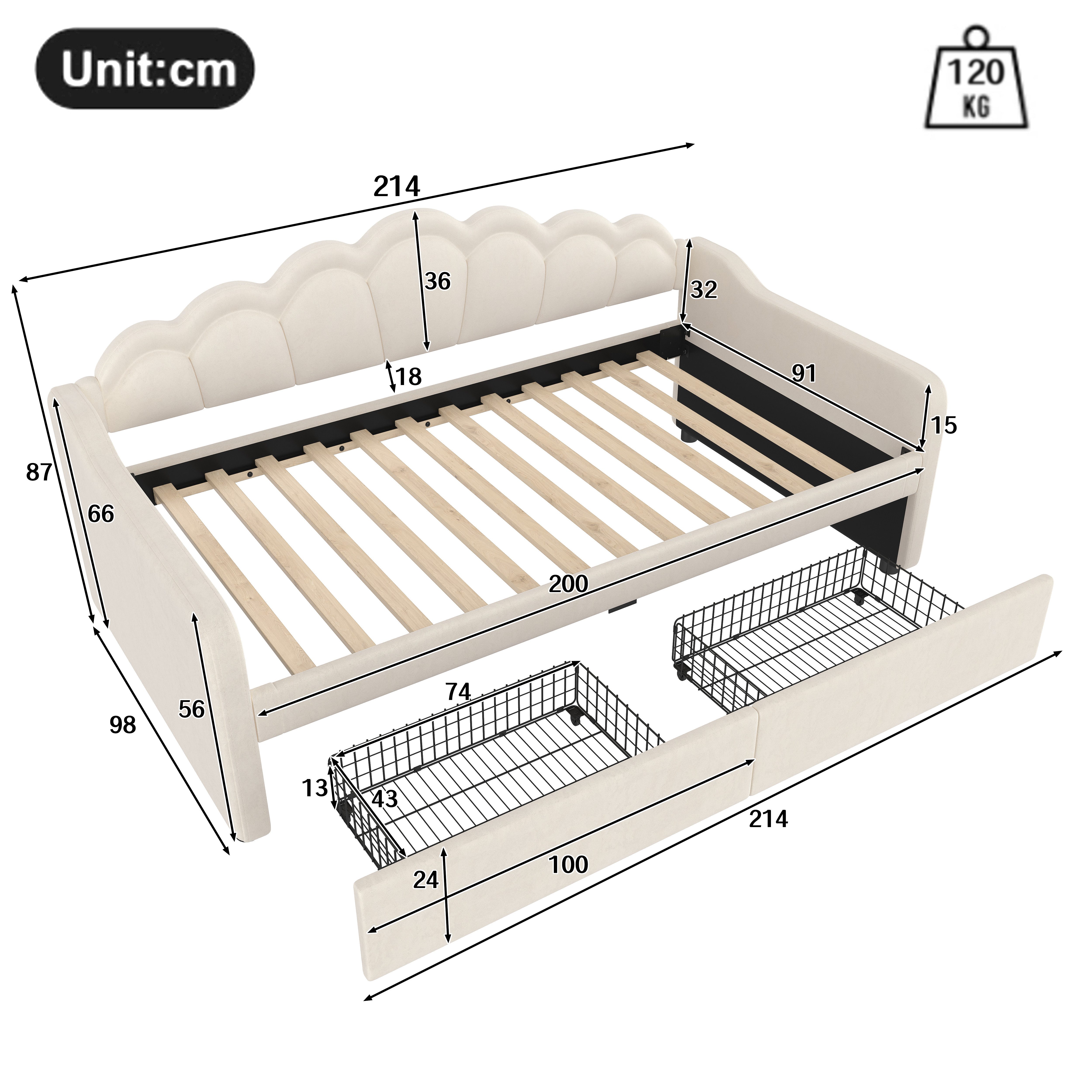 Flieks Daybett, LED Tagesbett Schlafsofa Kinderbett 90x200cm mit 2 Schublad günstig online kaufen