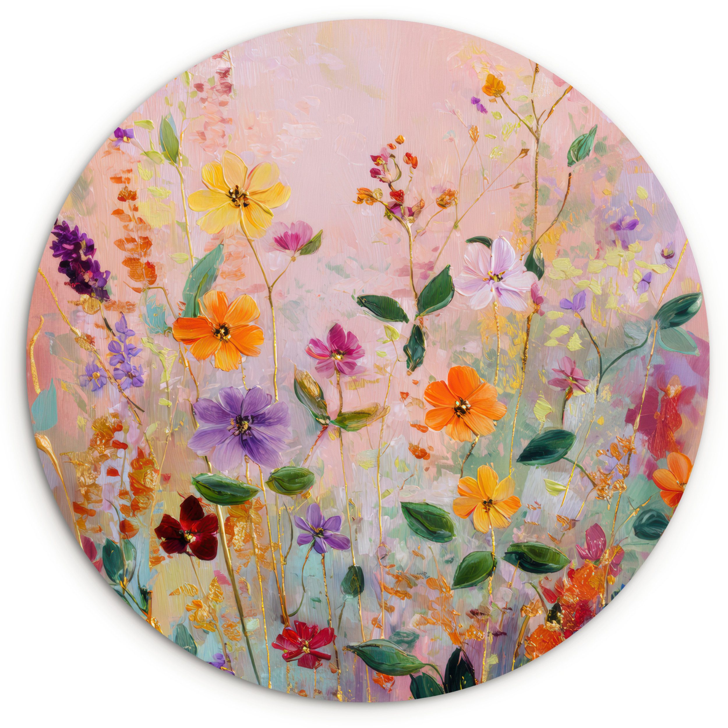 MuchoWow Gemälde Kunstdrucke - Blumen - Abstrakt - Farbenfroh, Fotodruck (1 St), Kreis Wanddekoration, Rundes Wandbild, 30x30 cm