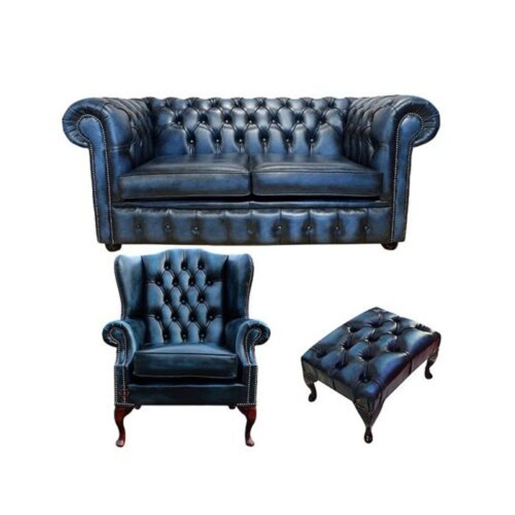 Klassischer Europe +Hocker, Chesterfield 2 +Ohrensessel Made Sofas Sitzer Couch in Sofa JVmoebel