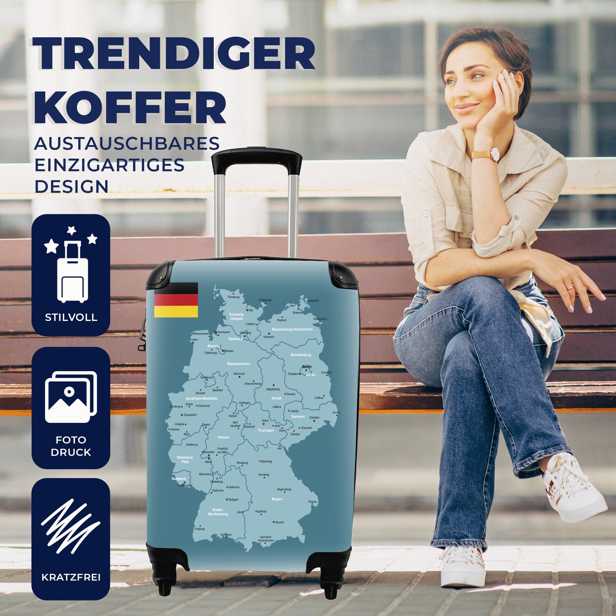 MuchoWow Handgepäckkoffer Blaue Karte von rollen, Trolley, mit Deutschland, Reisetasche Reisekoffer Handgepäck Rollen, 4 Ferien, für
