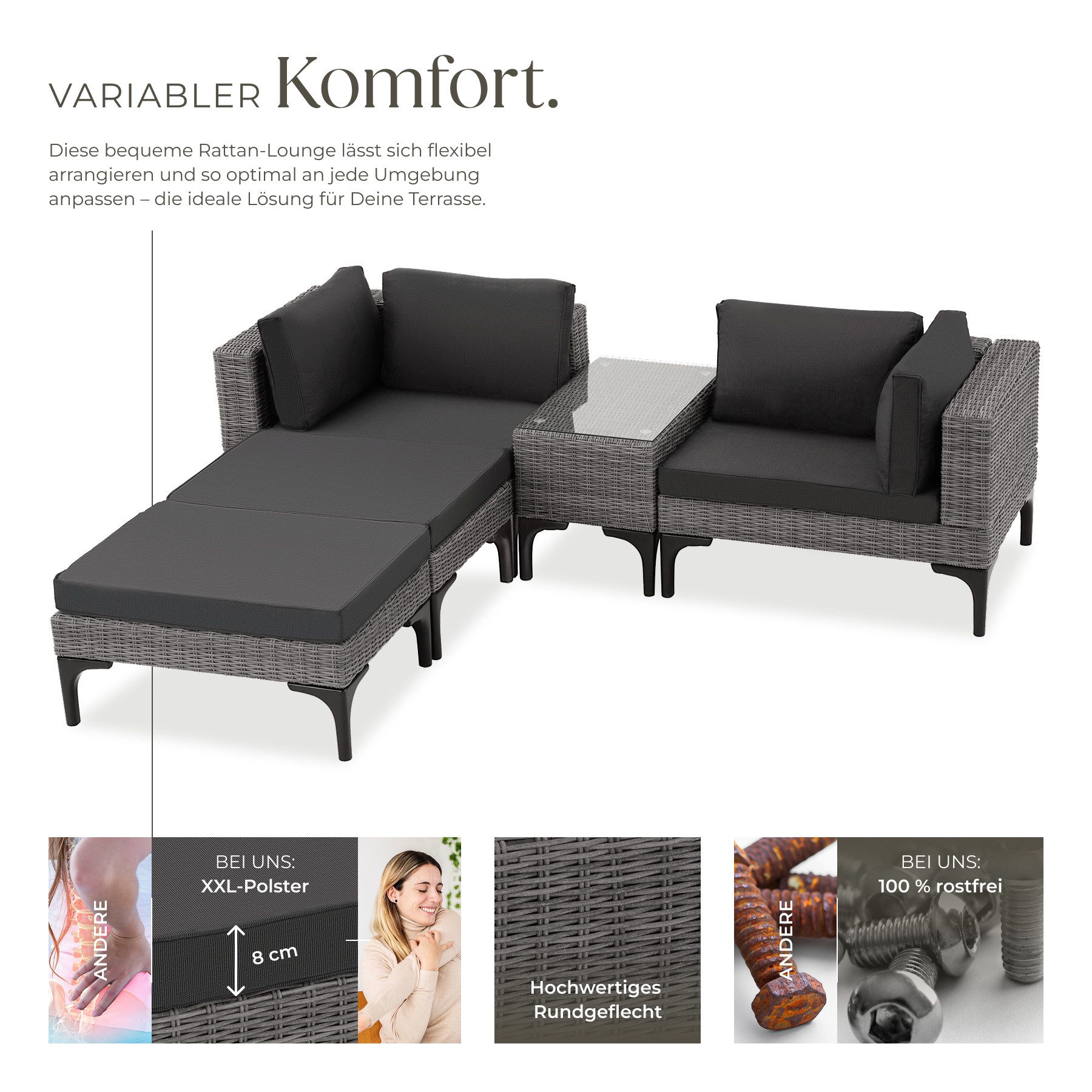 tectake Loungeset Rattan Sitzgruppe mit Sicherheitsglasplatte, schlanke, hohe Beine, (Gartenlounge-set Bellaria, 5-tlg., geeignet für Outdoor in Grau), wetterfest und UV-beständig, Dicke der Sitzpolster 8 cm