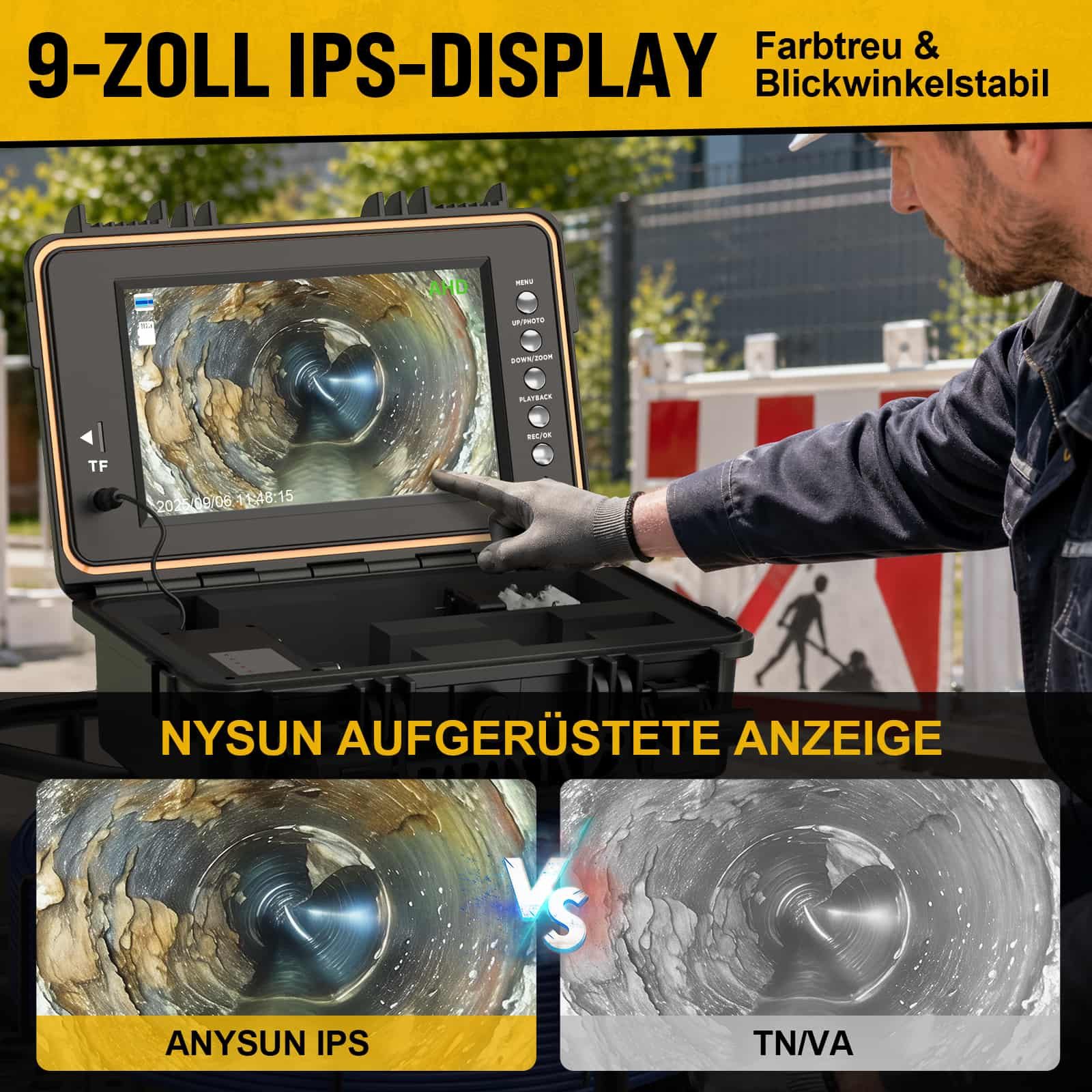 ANYSUN L09D2 Kanalkamera 30m mit Selbstnivellierend Meterzähler 512-Hz-Sender Inspektionskamera (Rohrkamera mit DVR, Audioaufnahme, HD 9" HD‑Display, 12 Licht 2 – Bild 5 von 5