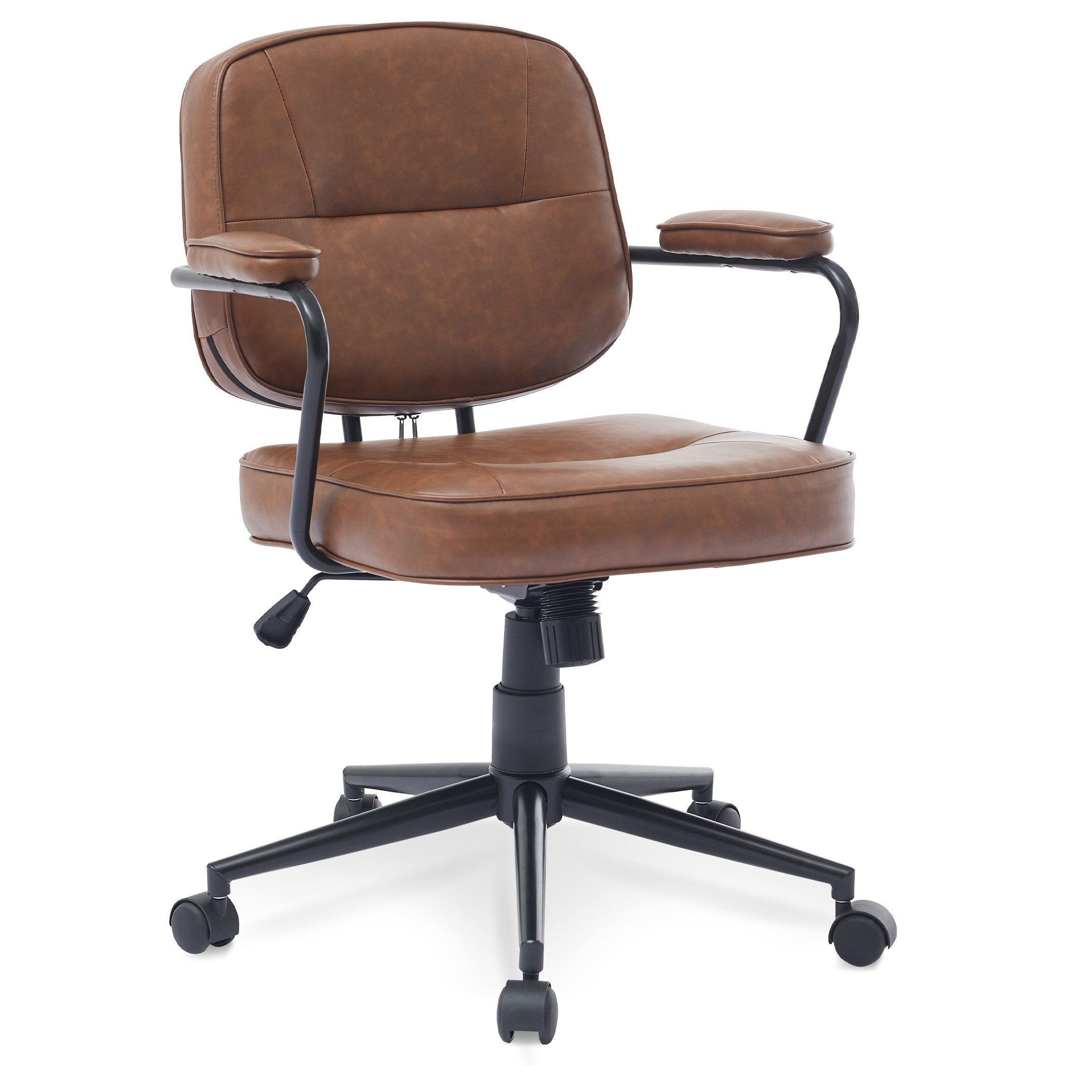 SeedWave Bürostuhl mit Wippfunktion PU-Leder Drehstuhl Gepolstert im modernen Retro-Stil, Höhenverstellbarer Schreibtischstuhl für Home Office