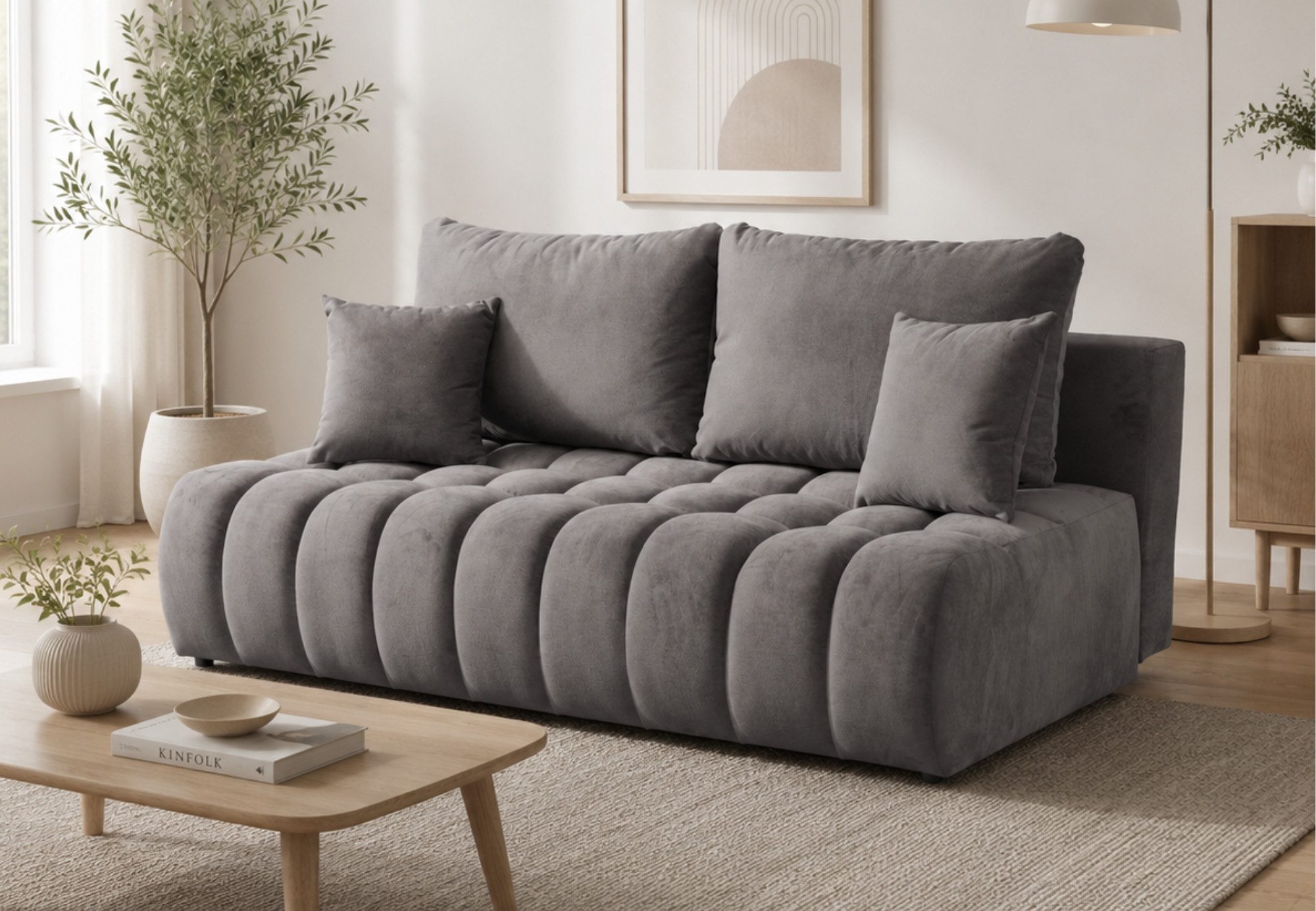Home Collective Sofa Couch Schlafsofa ohne Armlehnen Schlaffunktion & Bettkasten, 200 cm, Gästebett Schlafcouch ausziehbar, Polsterung aus Bonnell-Federkern und Schaumstoff, weicher Stoff, platzsparendes Lounge-Design, inklusive Kissen Aschgrau