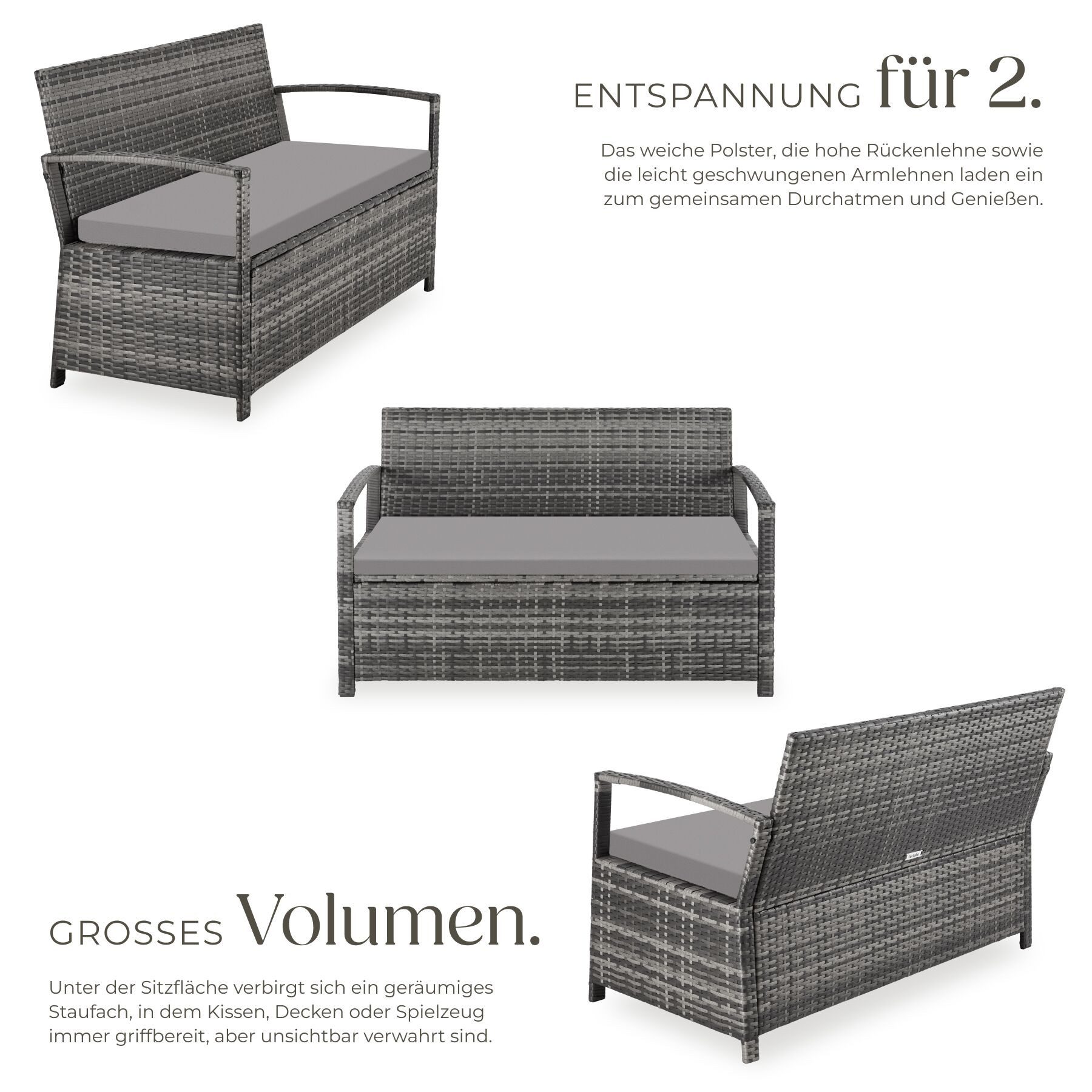 tectake Gartenbank Polyrattanbank 2-Sitzer wetterfest mit Stauraum und Schutzabdeckung (Terrassenbank Vecchia, in Grau), Belastbarkeit 250 kg, Inkl. Sitzpolster – Bild 3 von 5