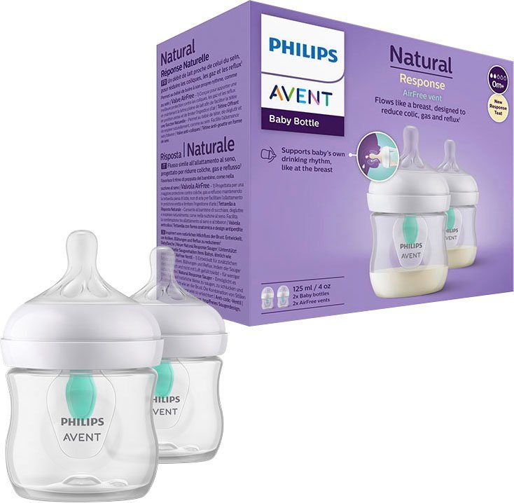 Philips AVENT Babyflasche Natural Response SCY670/02, 2 Stück, mit dem  AirFree Ventil, 125 ml, ab 0 Monaten