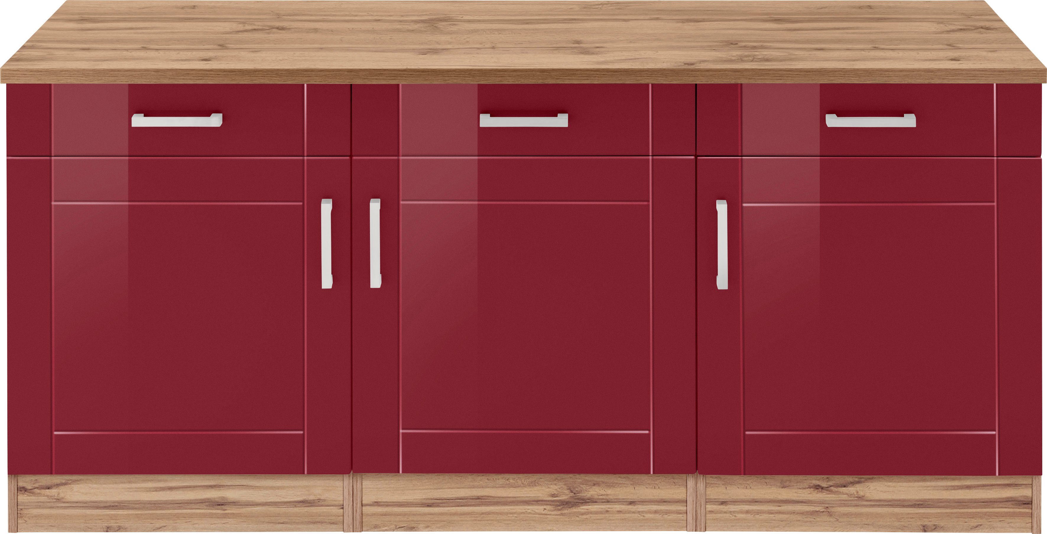 Fronten, | 180 Tinnum Türen rot wotaneiche 3 HELD Unterschrank MÖBEL Schubkästen, Metallgriffe, breit, 3 cm MDF