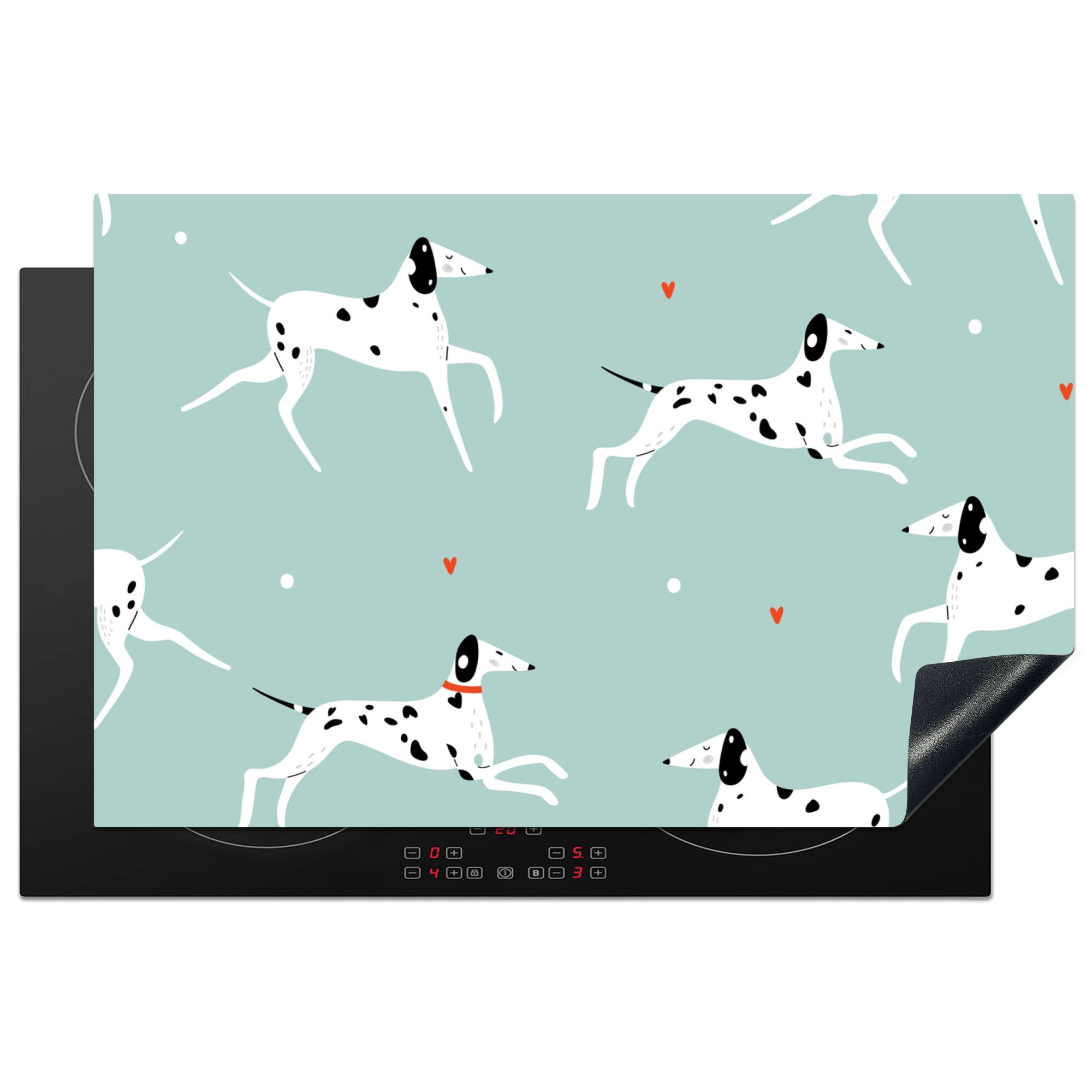 MuchoWow Herdblende-/Abdeckplatte tlg), Dalmatiner Induktionskochfeld cm, Doggy für mit Ceranfeldabdeckung laufenden Illustration Schutz hellblauen, einem (1 81x52 Vinyl, auf küche, die