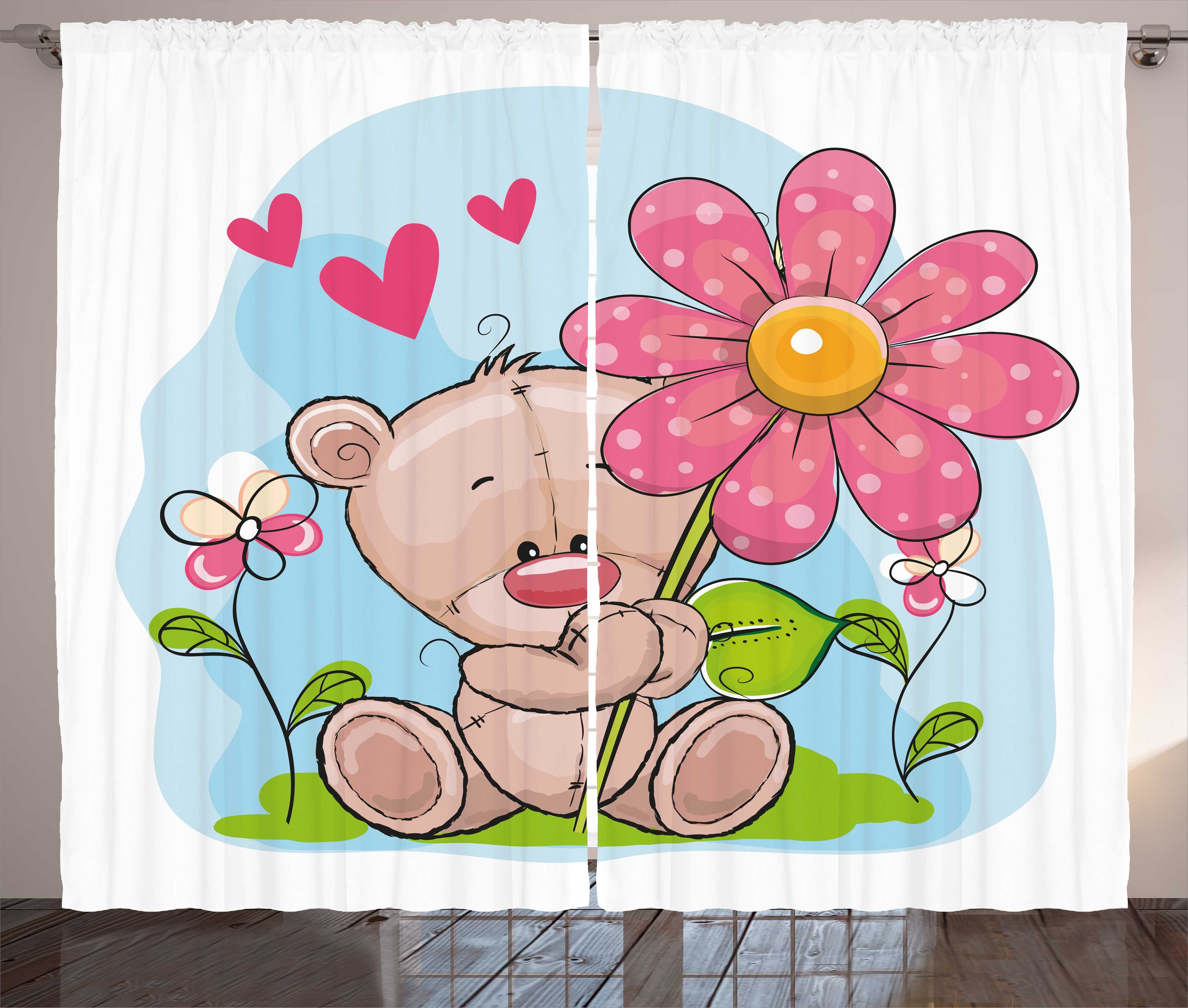 Gardine Schlafzimmer Kräuselband Vorhang mit Schlaufen und Haken, Abakuhaus, Lustiger Bär Cartoon Teddy Blumen