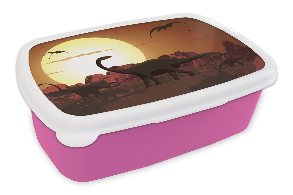 MuchoWow Lunchbox Dino - Jurassic - Sonne - Zeichnung - Jungen - Kinder, Kunststoff, (2-tlg), Brotbox für Erwachsene, Brotdose Kinder, Snackbox, Mädchen, Kunststoff rosa