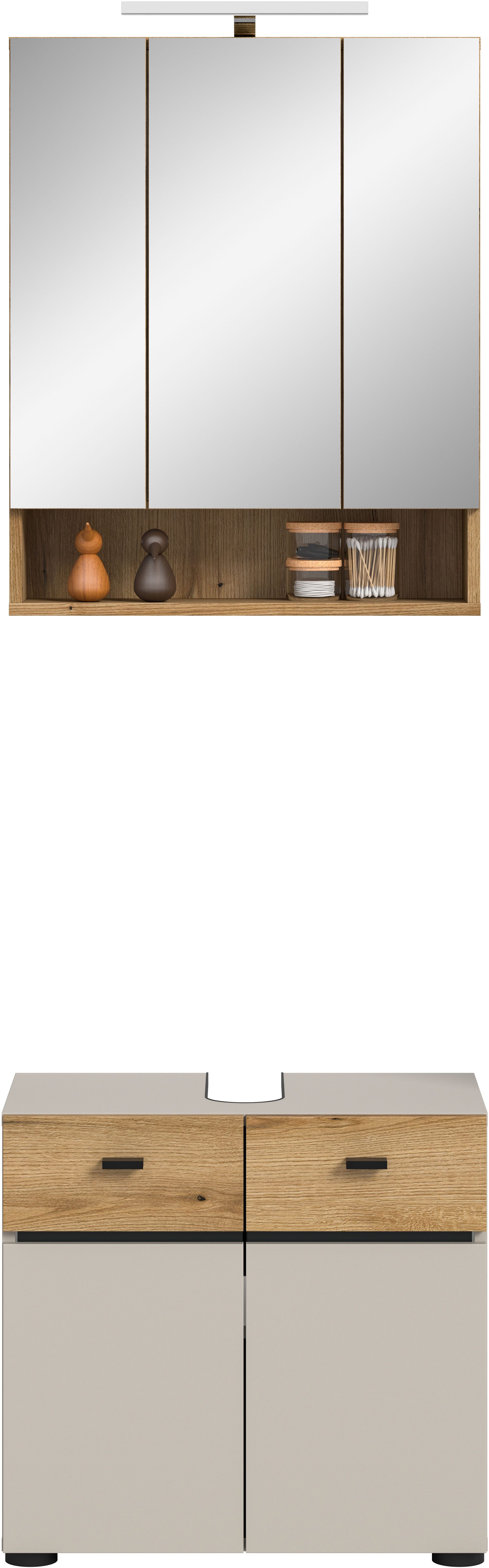 welltime Badmöbel-Set VANN, 2-teilige moderne Badkombination, inkl. Beleuchtung, (2-St., 1x Waschbeckenunterschrank, 1x Spiegelschrank inkl. Beleuchtung), Bad-Kombination, Bad-Möbel, Badezimmer, Kombination, Kombi, Bad-Set