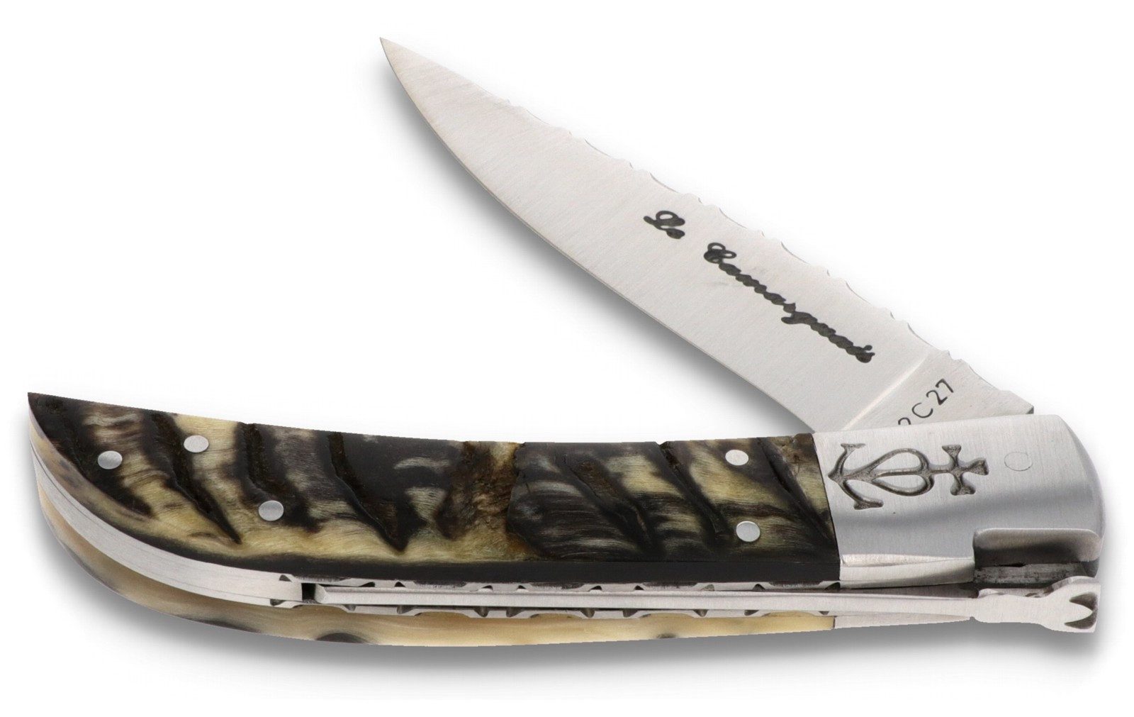 Le Camarguais Taschenmesser 20074C Noir Flammée, Griff 12cm Widderhorn - Platine, Klingenrücken verziert - Stahl matt