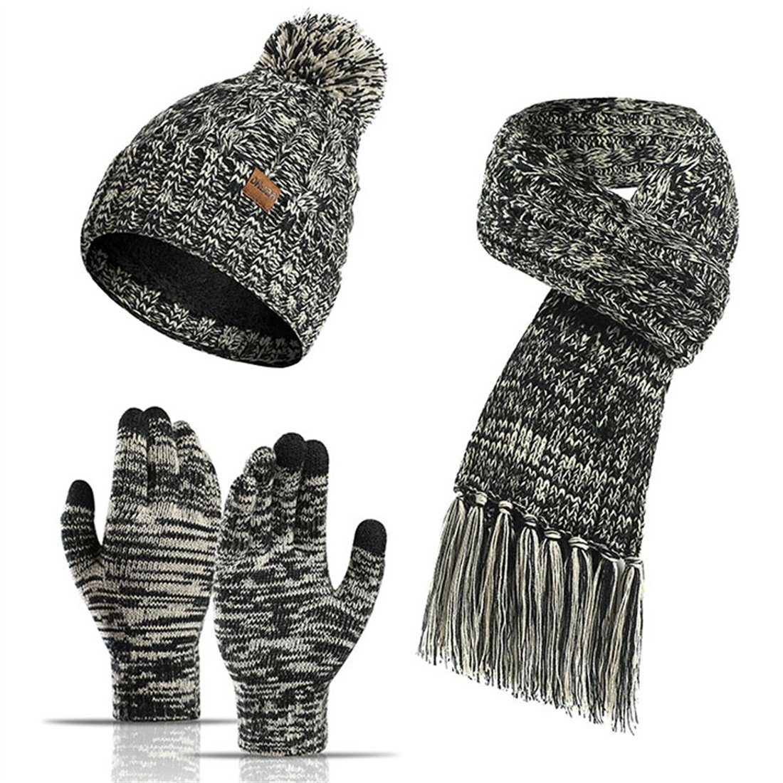DÖRÖY Strickmütze Wintermütze aus Wolle, Mütze + Schal + Touchscreen-Handschuhe 3er-Set Schwarz | Strickmützen