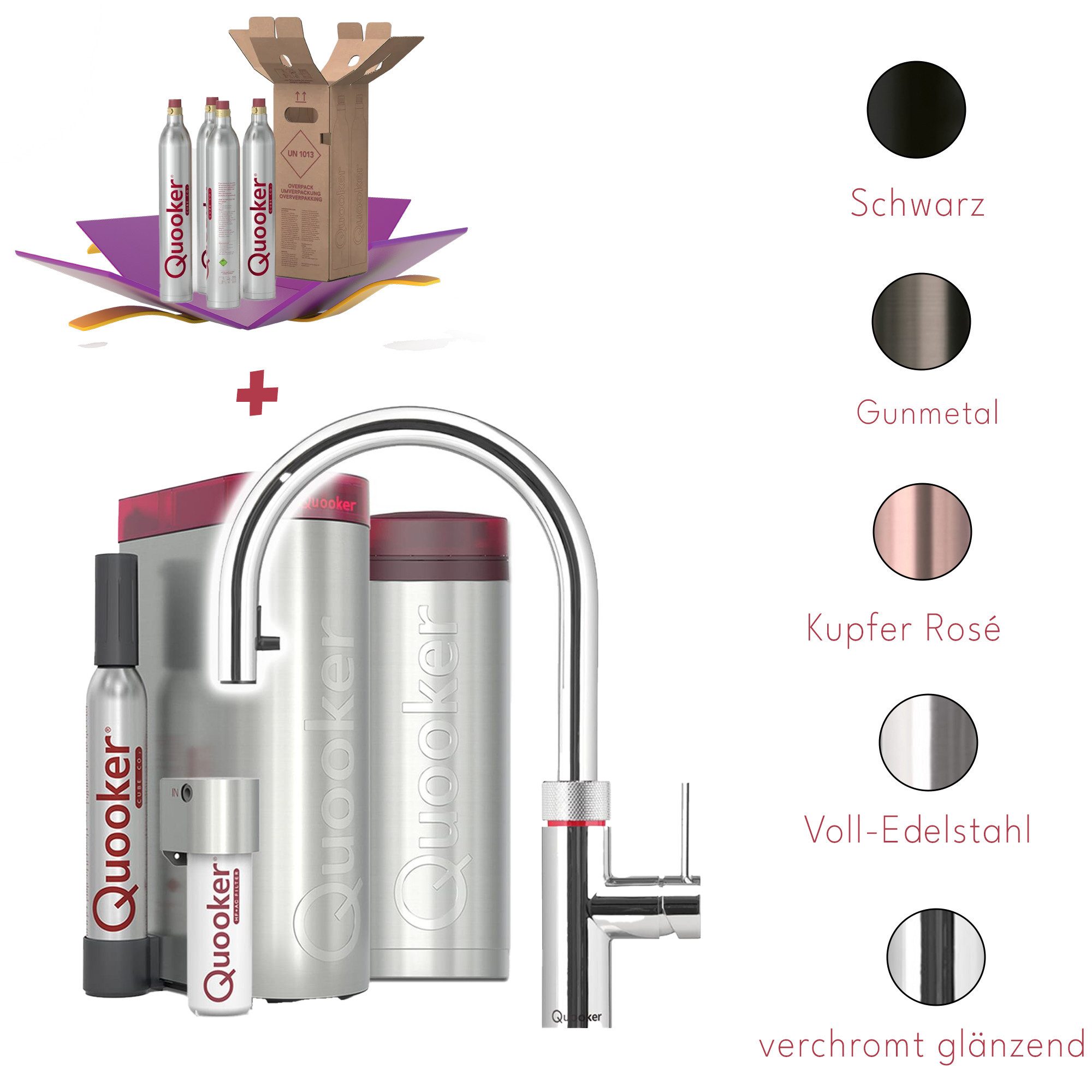 QUOOKER Küchenarmatur Quooker PRO3 & CUBE, Flex inkl. Cube-Filter (4x CO₂ gratis) (Spar-Set, Armatur mit PRO3 und CUBE für kochendes, gekühltes, sprudelndes Wasser) Kochendwasser, Sprudel, stilles wasser, Kindersicherung, Flexschlauch