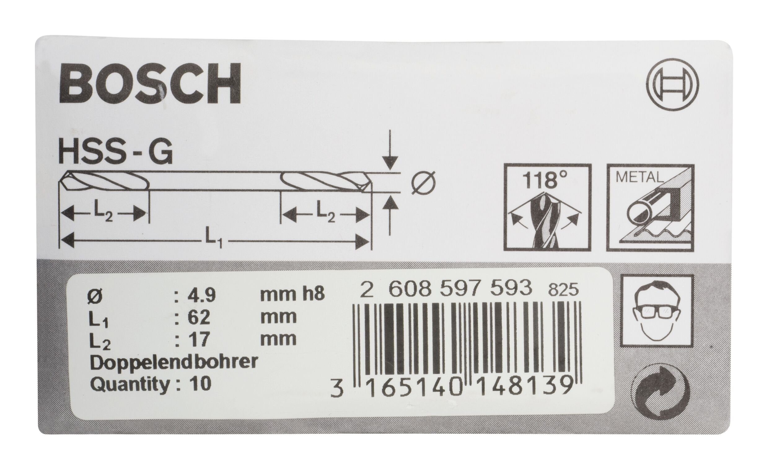 BOSCH Metallbohrer, (10 Stück), - x 4,9 Doppelendbohrer 62 HSS-G x 17 - mm 10er-Pack