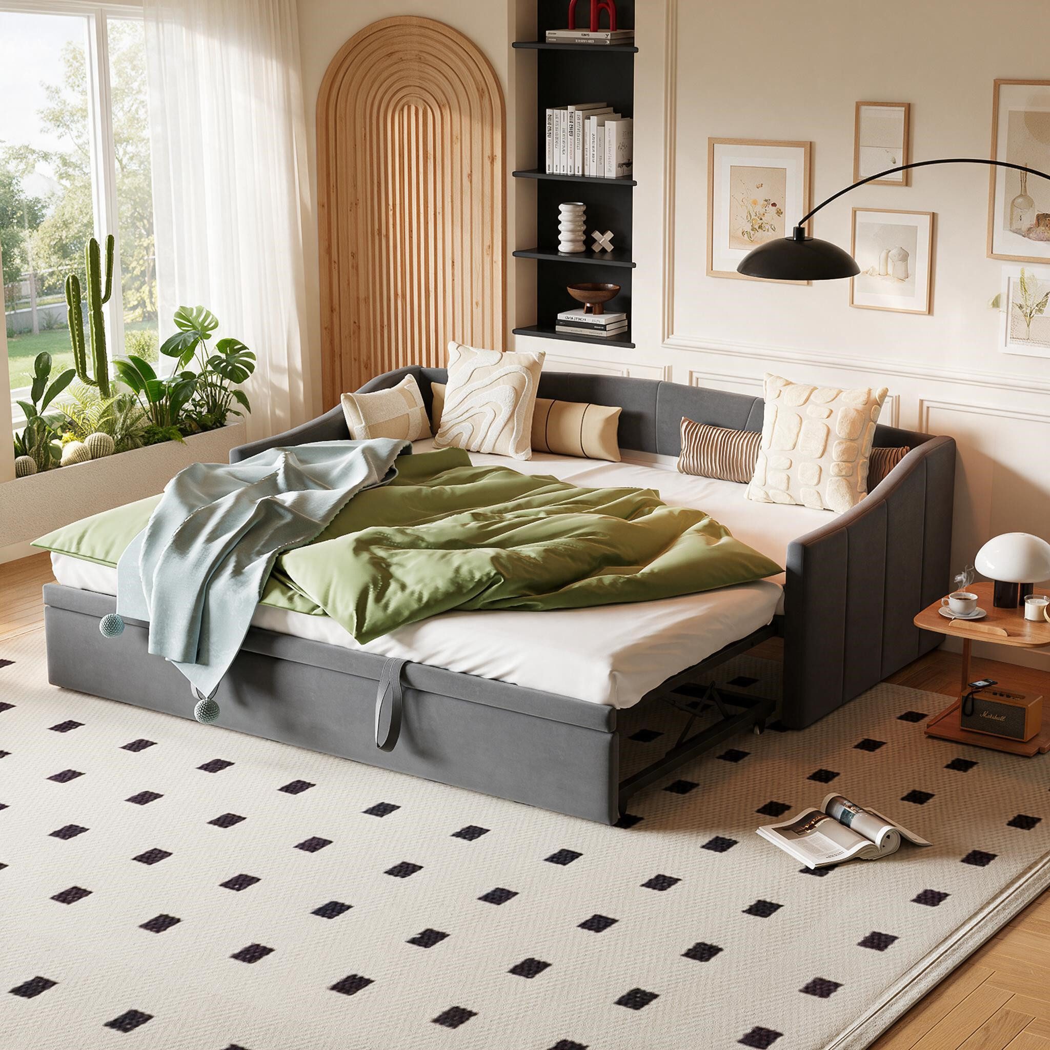 Simurq Polsterbett Polster‑Schlafsofa 90/180x200 Samt, Ausziehbett, Gästebett, Tagesbett – Bild 2 von 5