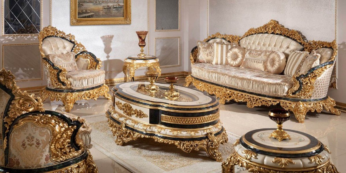 Casa Padrino Couchtisch Luxus Barock Set Gold / Weiß / Blau / Gold - 2 Sofas & 2 Sessel & 1 Couchtisch & 2 Beistelltische - Handgefertigte Möbel im Barockstil - Edel & Prunkvoll