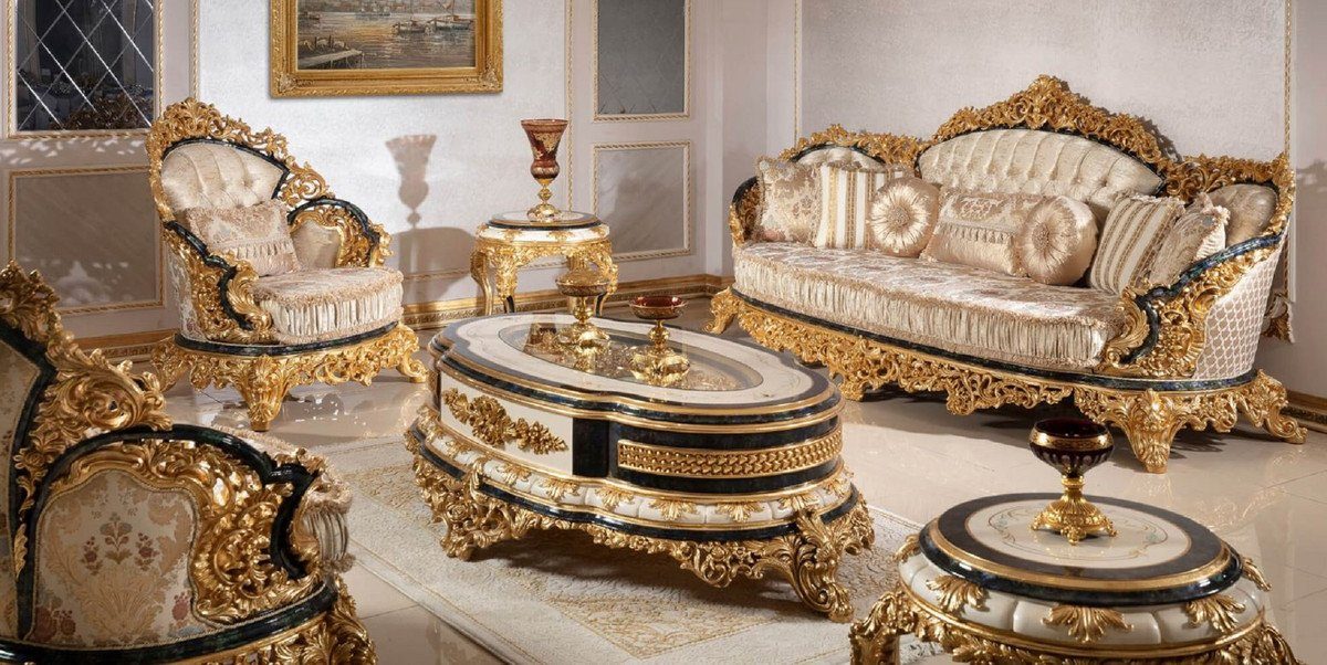 Casa Padrino Couchtisch Luxus Barock 2 Weiß Möbel / / / - Barockstil Gold Gold Blau Handgefertigte 2 & Sessel 1 - & Set & Beistelltische Sofas Couchtisch im & Prunkvoll - Edel 2