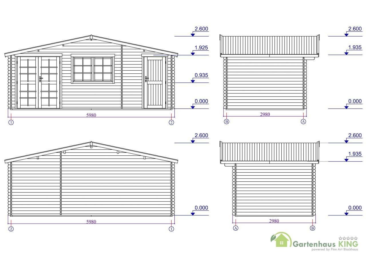 Finn Art Blockhaus Gartenhaus 6x3m Holz Norwegen 60 in 40mm Wandstärke, BxT: 600x300 cm, mit 18 mm Fußboden, mit Schindeln rot