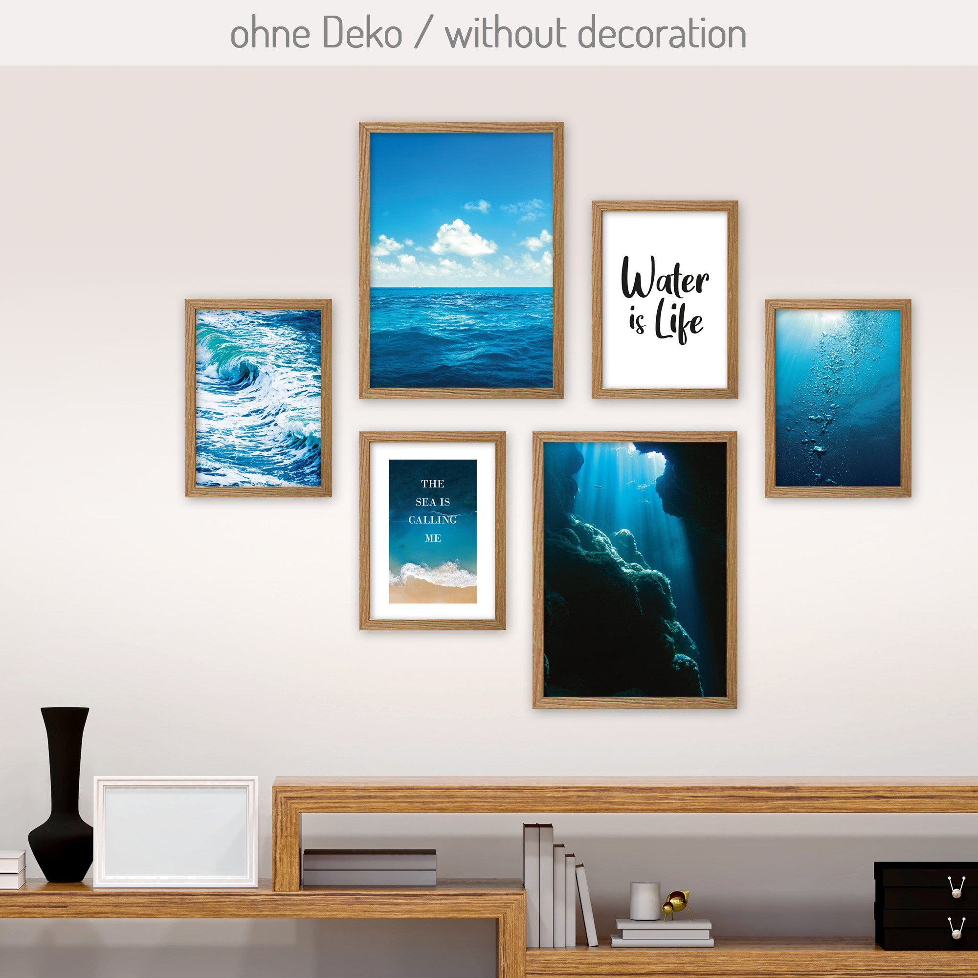 Kreative Feder Poster 6-teiliges Premium-Set „Meer“ - optional mit Rahmen, Meer, Ozean, Wasser, Blau, Welle, Spruch (Set, 6 St), hochwertiger Kunstdruck; 2x DIN A3 & 4x DIN A4