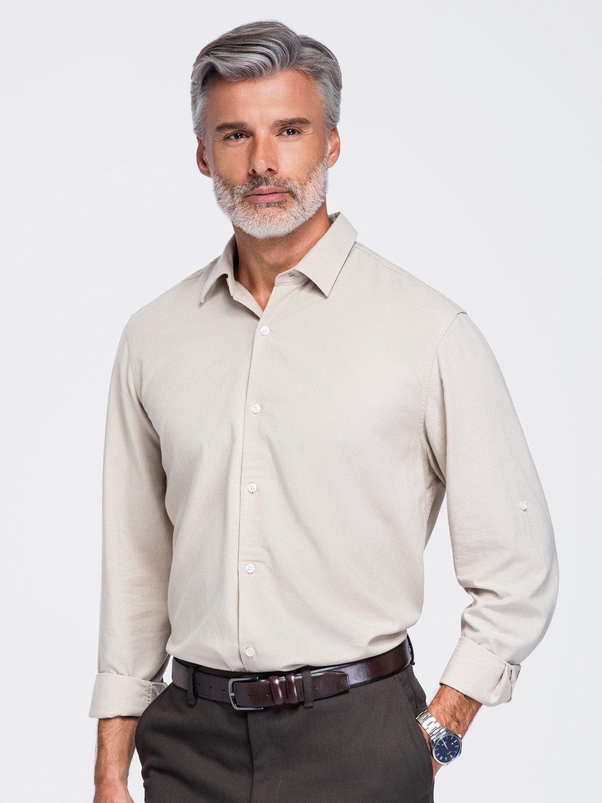 OMBRE Langarmhemd Herren Freizeithemd mit klassischem Kragen Hellgrau S (kein Set, 1-tlg)