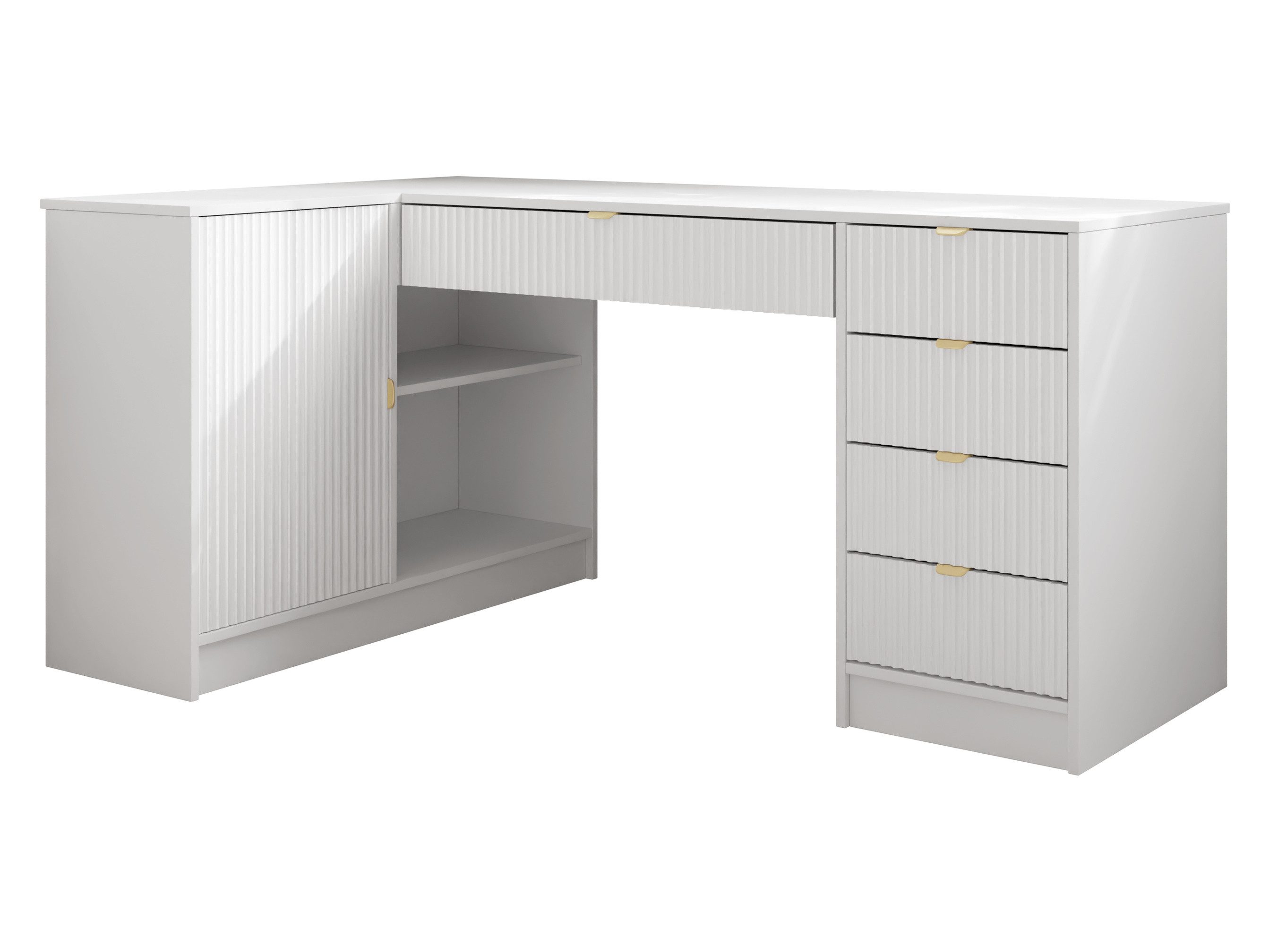 MIRJAN24 Schreibtisch Tireno (mit Drehtür und fünf Schubladen), 158x98x76 cm, Gold Aluminiumgriffe, Links / Rechts