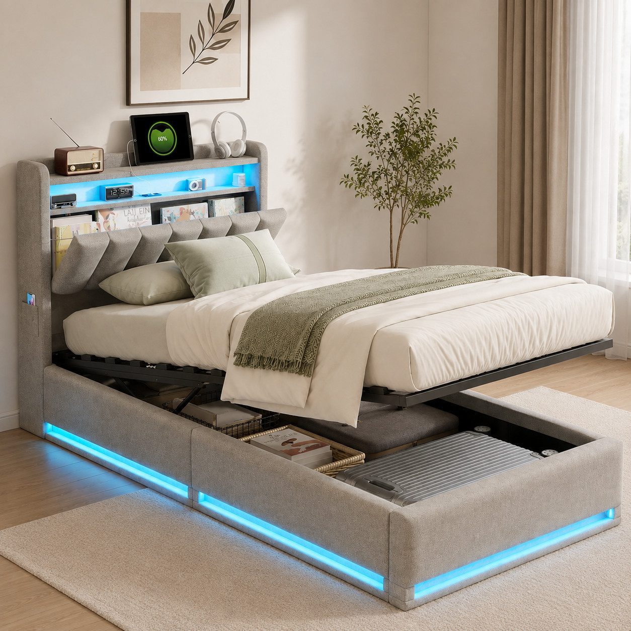 Simurq Einzelbett Polsterbett 90x200 mit Stauraum, Einzelbett aus Samt (Hydraulischem Bettkasten und Stauraum-Kopfteil, Grau), Stauraumbett mit LED-System, USB & Type-C Anschluss