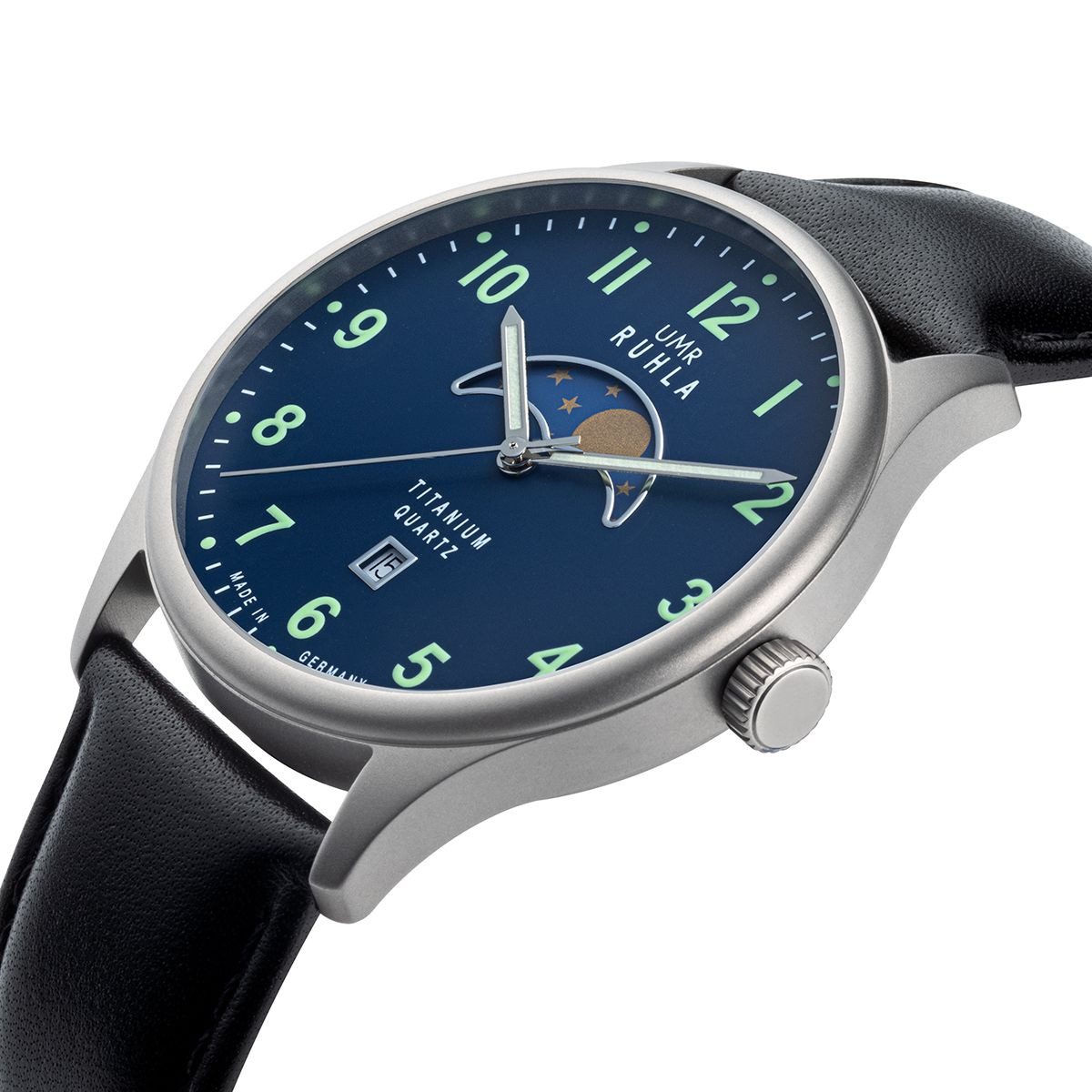 UMR Ruhla Quarzuhr Mondphase Herrenuhr 20912 41,5 mm Lederband Schwarz Made in Germany