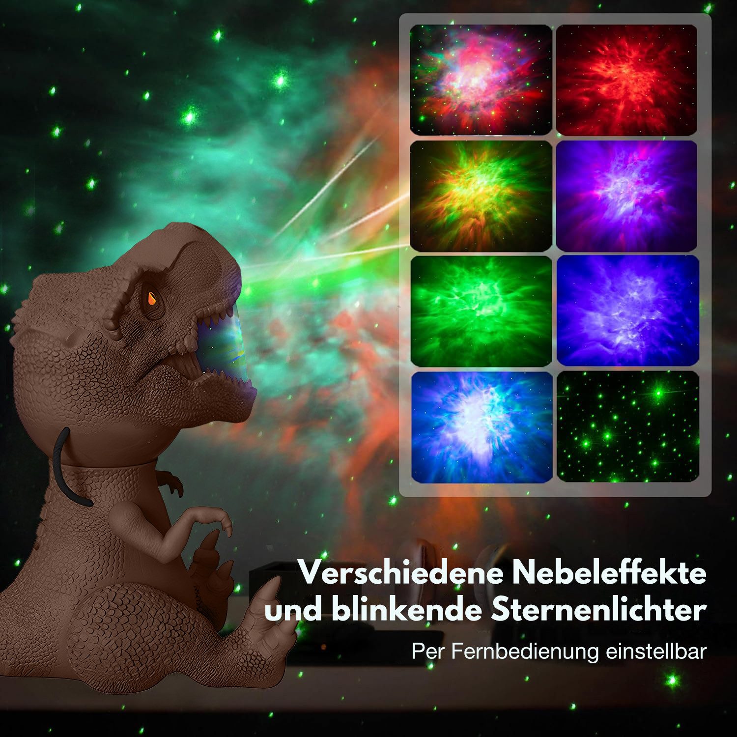 Rosnek Projektionslampe Sternenhimmel Projektor Dimmbar, Dinosaurier Nachlicht Nebel-Stern, Geschwindigkeit Einstellbar Drehbar Timer Deko Stimmungslicht Braun