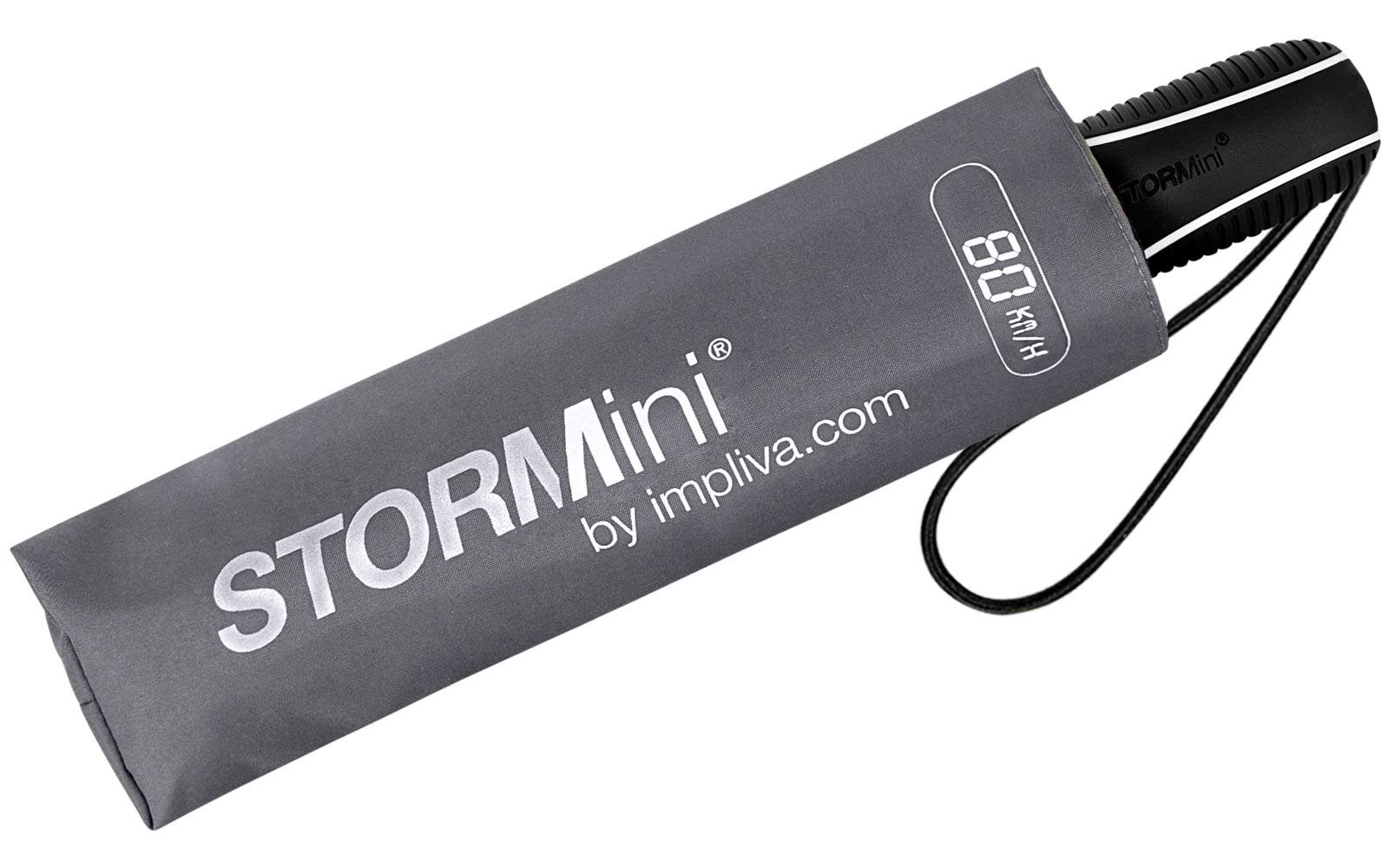 Impliva Taschenregenschirm STORMini aerodynamischer Schirm Form zu Wind, in hält Sturmschirm, durch grau sich 80 der dreht besondere aus den km/h bis seine