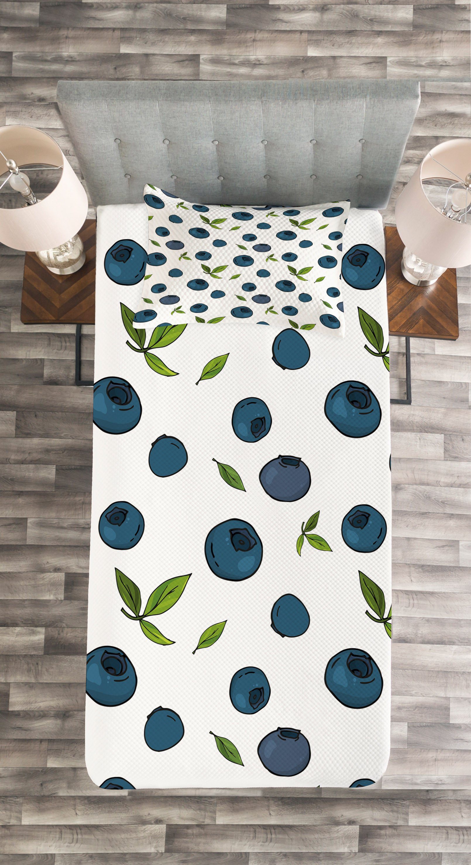 Abakuhaus, Kunst Zeichnung Blueberry Set Obst Blätter Tagesdecke Kissenbezügen Waschbar, mit