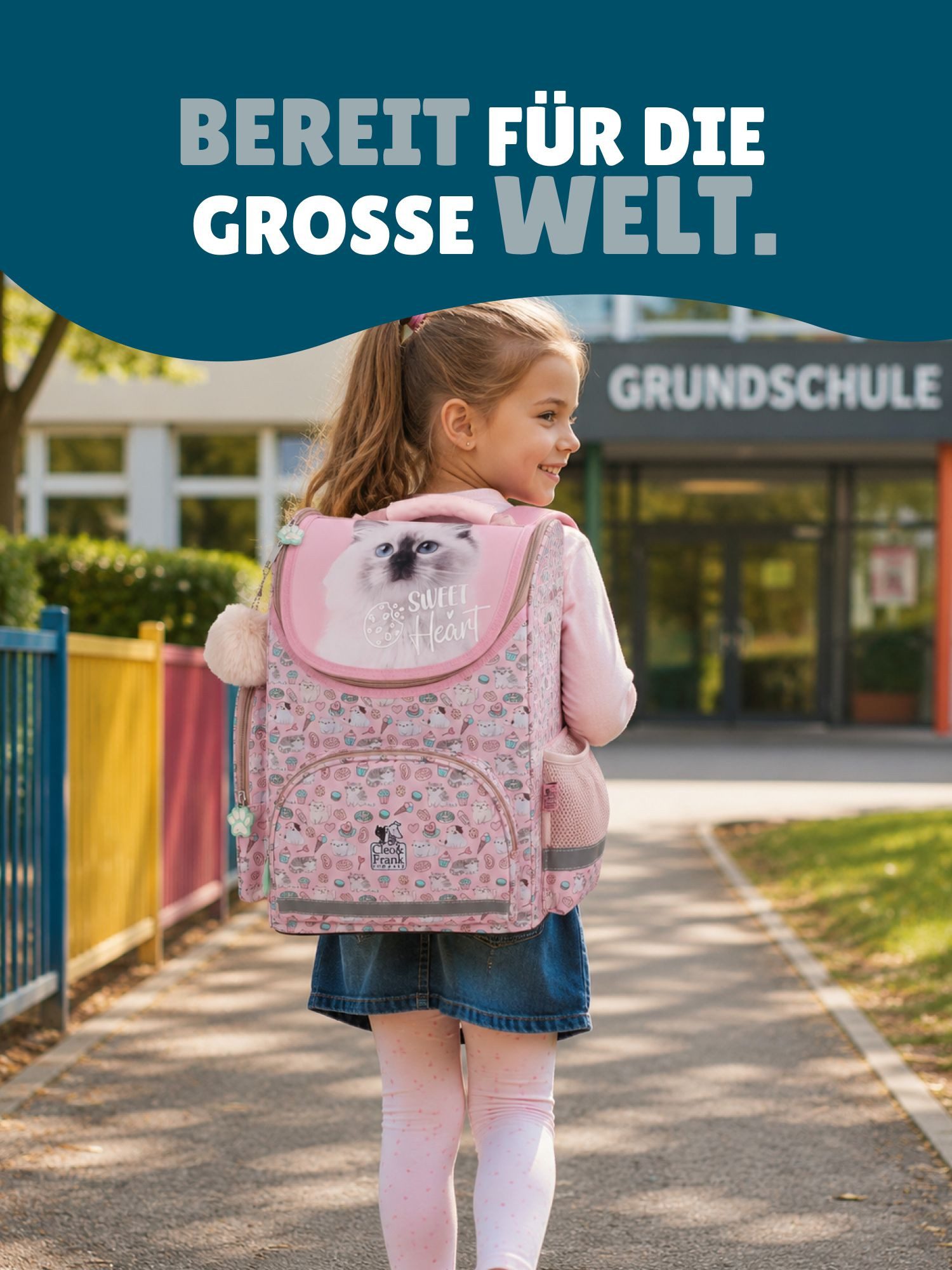 Familando Schulranzen Sweet Kitty Katze Schultasche, rosa, für Mädchen 1. bis 4. Klasse (Set, 8-tlg., inkl. Federmappe, Lunch-Set und Sporttasche), ergonomisch, – Bild 5 von 5