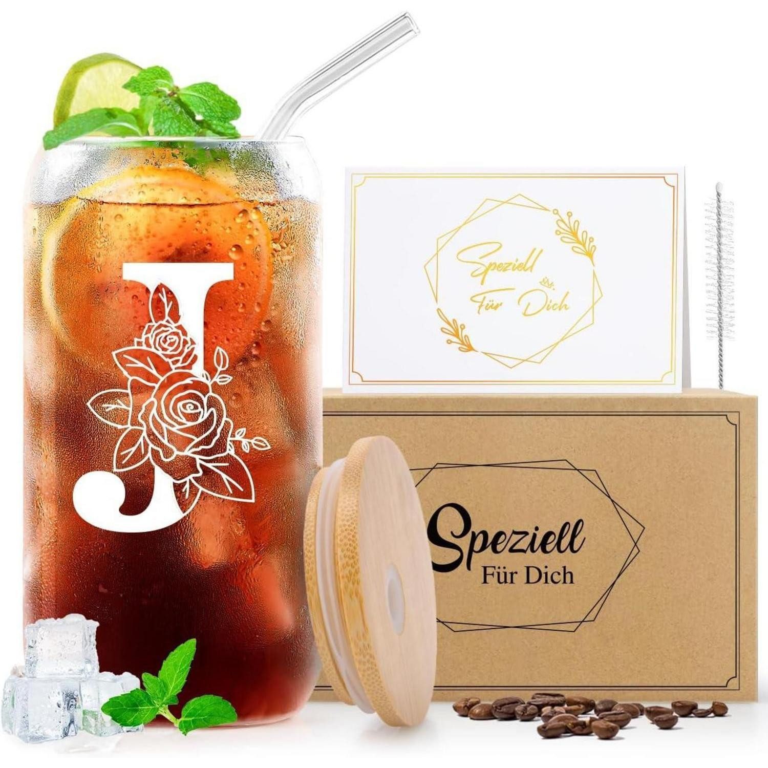 LuxusKollektion Badaccessoire-Set Glasbecher Buchstaben Personalisiert Deckel Strohhalm J Transparent