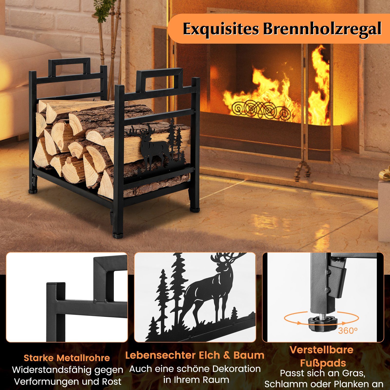 COSTWAY Kaminholzregal Brennholzregal, aus Metall, mit Griffen – Bild 5 von 5
