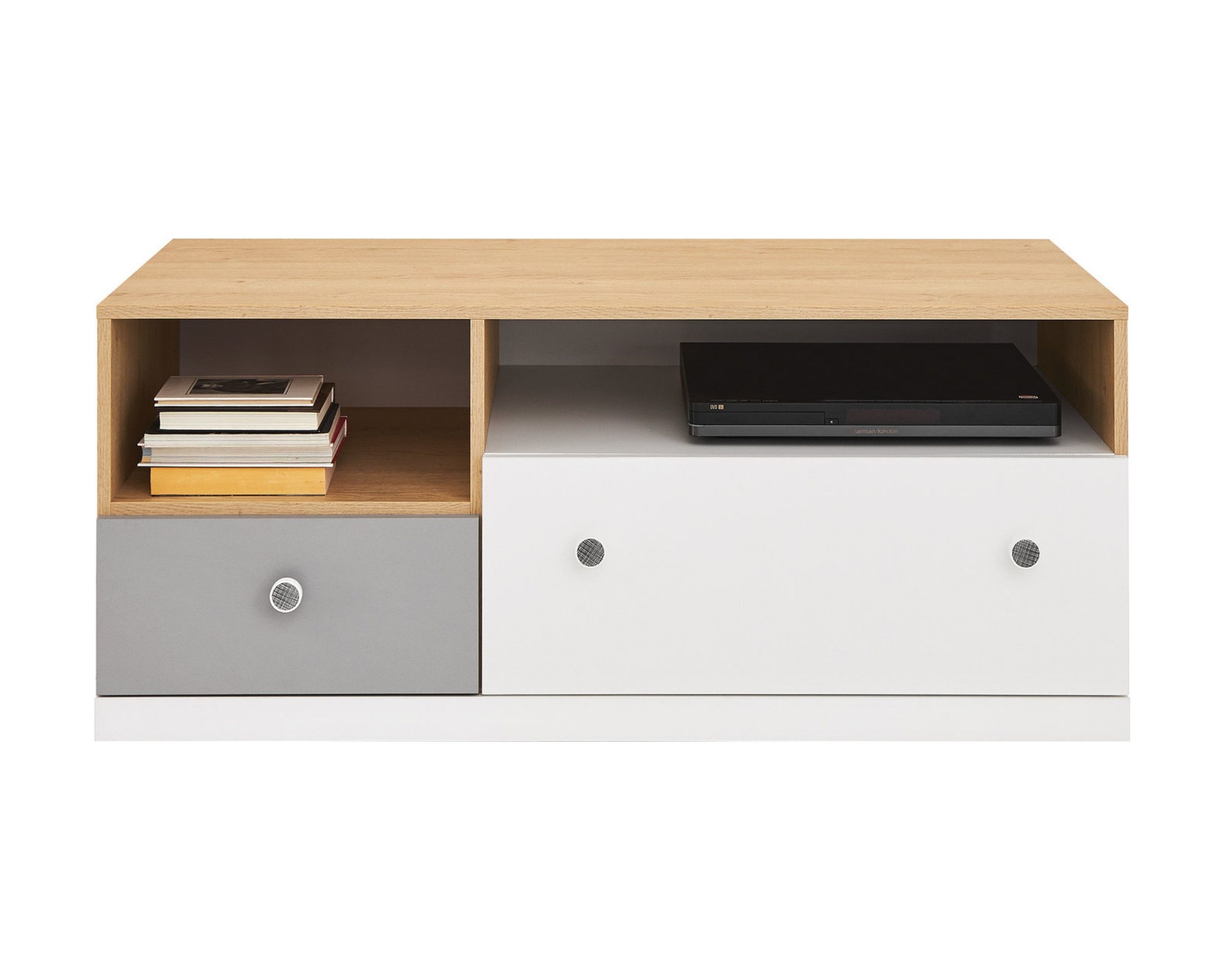 Deine Möbel 24 TV-Regal POKO 11 120 / 50 / 50 cm [B/H/T], in Biskuiteiche / Weiß Lux / Grau