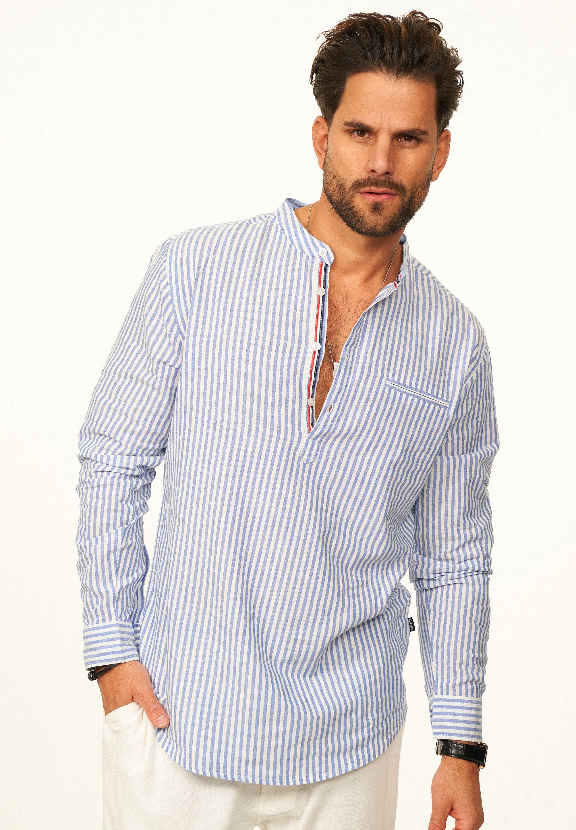 behype Langarmhemd Gestreift im Regular-Fit mit Henley-Stehkragen Herren Sommerhemd als Freizeithemd