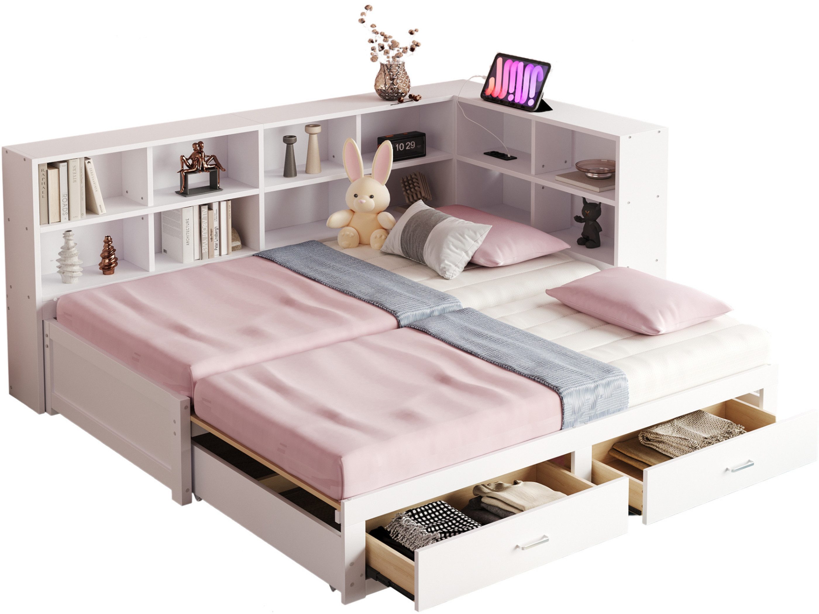 SeedWave Holzbett Stauraumbett mit Ausziehbett, 2 Rollenschubladen, 90/180×190cm, Tagesbett mit 8 offeneb Regalfächerb, 2 Steckdosen + 2 Anschlüssen