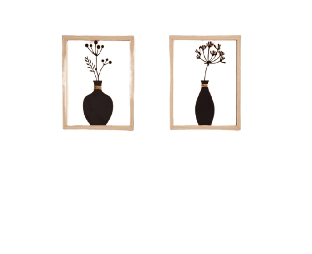 Wanddekoobjekt Vase Metall Wandbild Wand Deko Holz Rahmen 2er Set schwarz