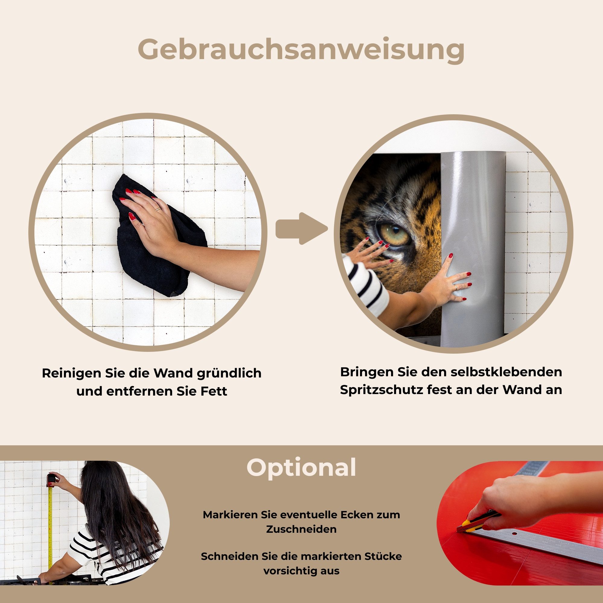 KitchenYeah Küchenrückwand selbstklebend (keine Folie) Tiger - Schwarz - Tier, (1-tlg), Küchenrückwand, Spritzschutz, Kitchen, 60x30 cm – Bild 3 von 5