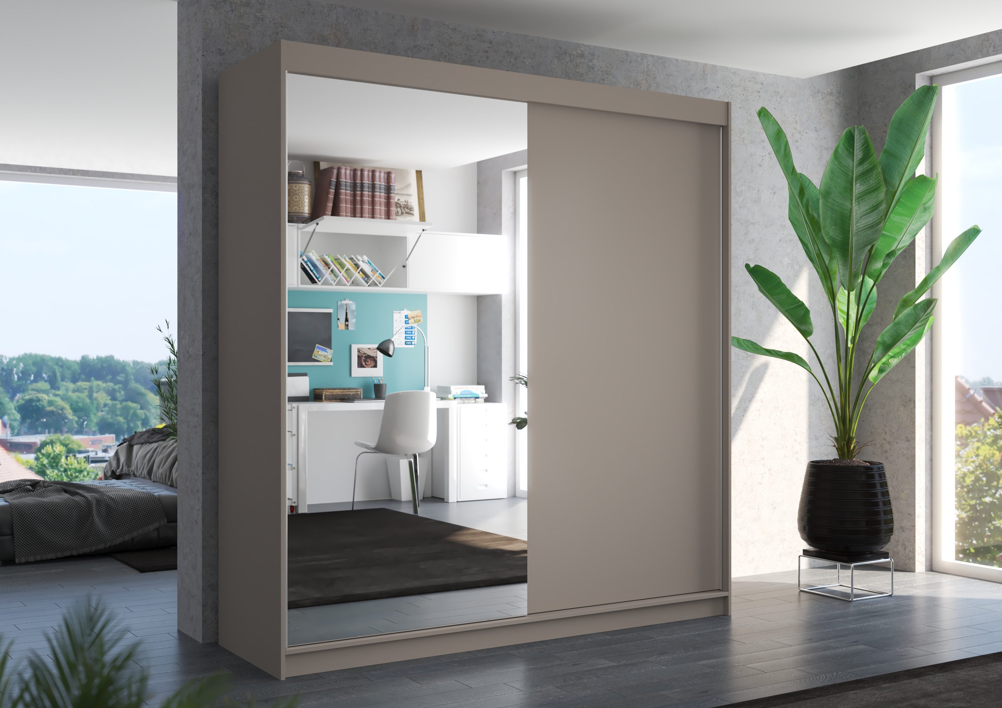 MOEBLO Schiebetürenschrank Arvello (mit Spiegel – Laminierte Spanplatte,11 Einlegeböden, Aluminiumführung, Schwebetürenschrank 2-türig Schrank Garderobe Schiebtüren Schlafzimmer) (BxHxT): 200 x 215 x 58 cm