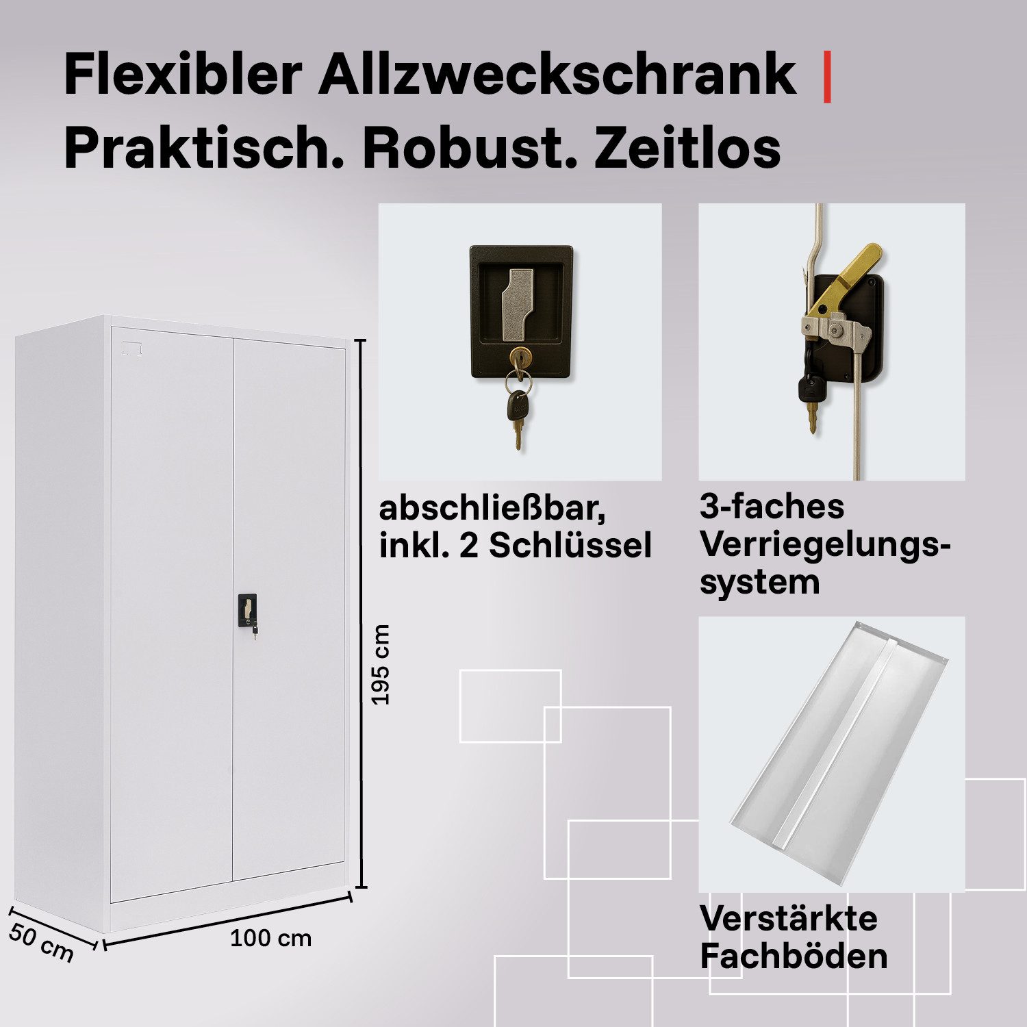 LagerZwei Aktenschrank Stahlschrank 195x100x50 cm (1-St) 3-fach verriegelt, 4 Böden, bis 60 Ordner, Flügeltüren 130°