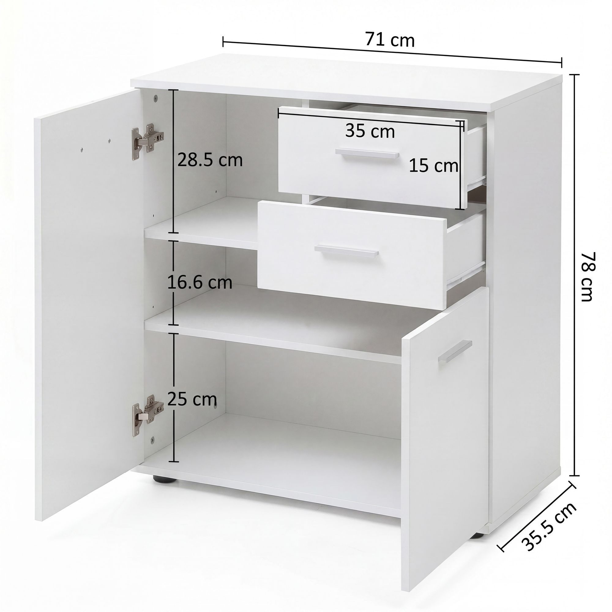 FINEBUY Sideboard SuVa11838_1 70 cm Weiß mit 2 Türen & 2 Schubladen Kommode Aktenschrank (mit Türen & Schubladen 71x78x35,5 cm Schrank Weiß), Kommode Modern, Anrichte Mehrzweckschrank Klein