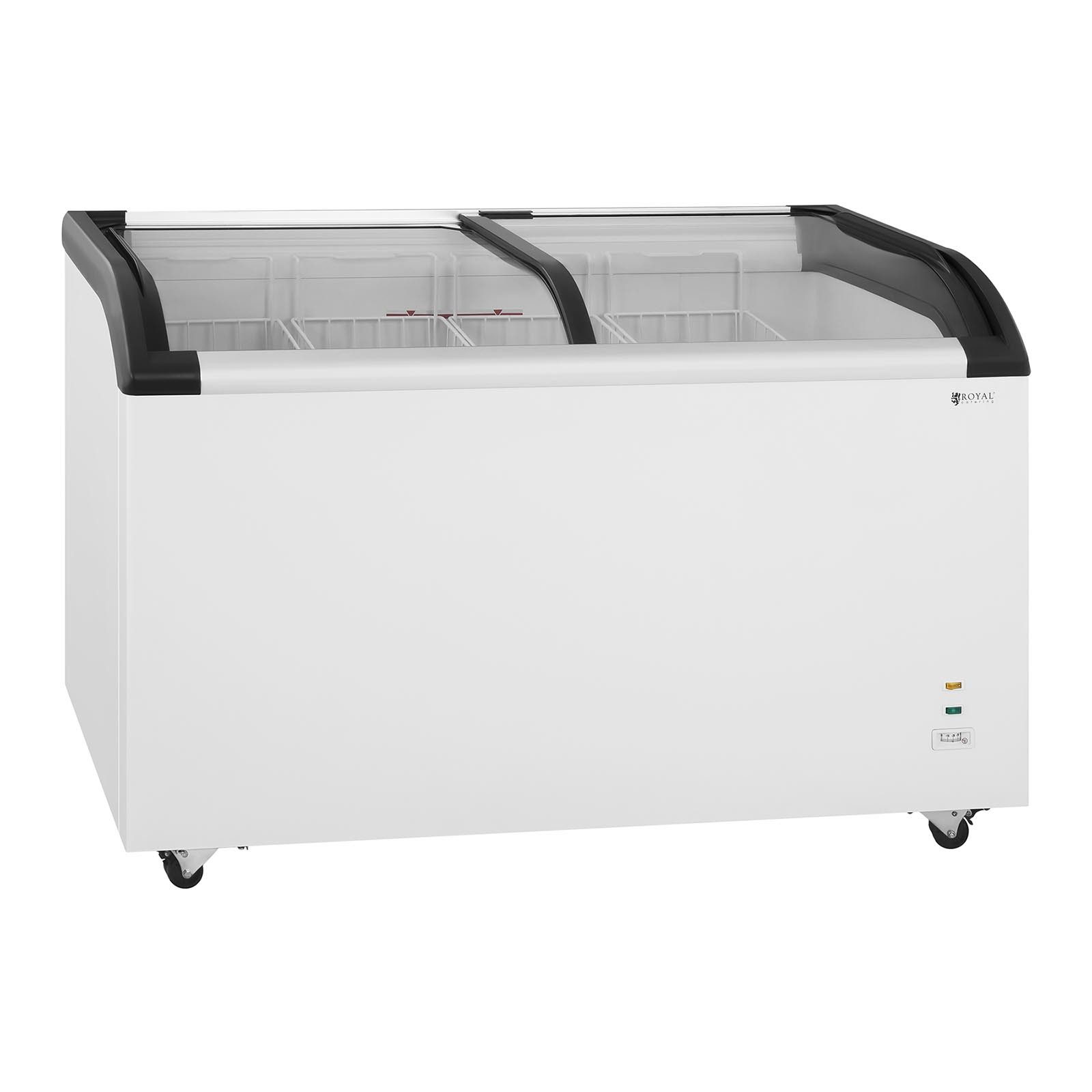 Royal Catering Gefrierschrank RCFZ-355, 84.5 cm hoch, 128 cm breit, 355L Gefriertruhe Glastüren 4 Räder Tiefkühltruhe Gastronomie Eistruhe