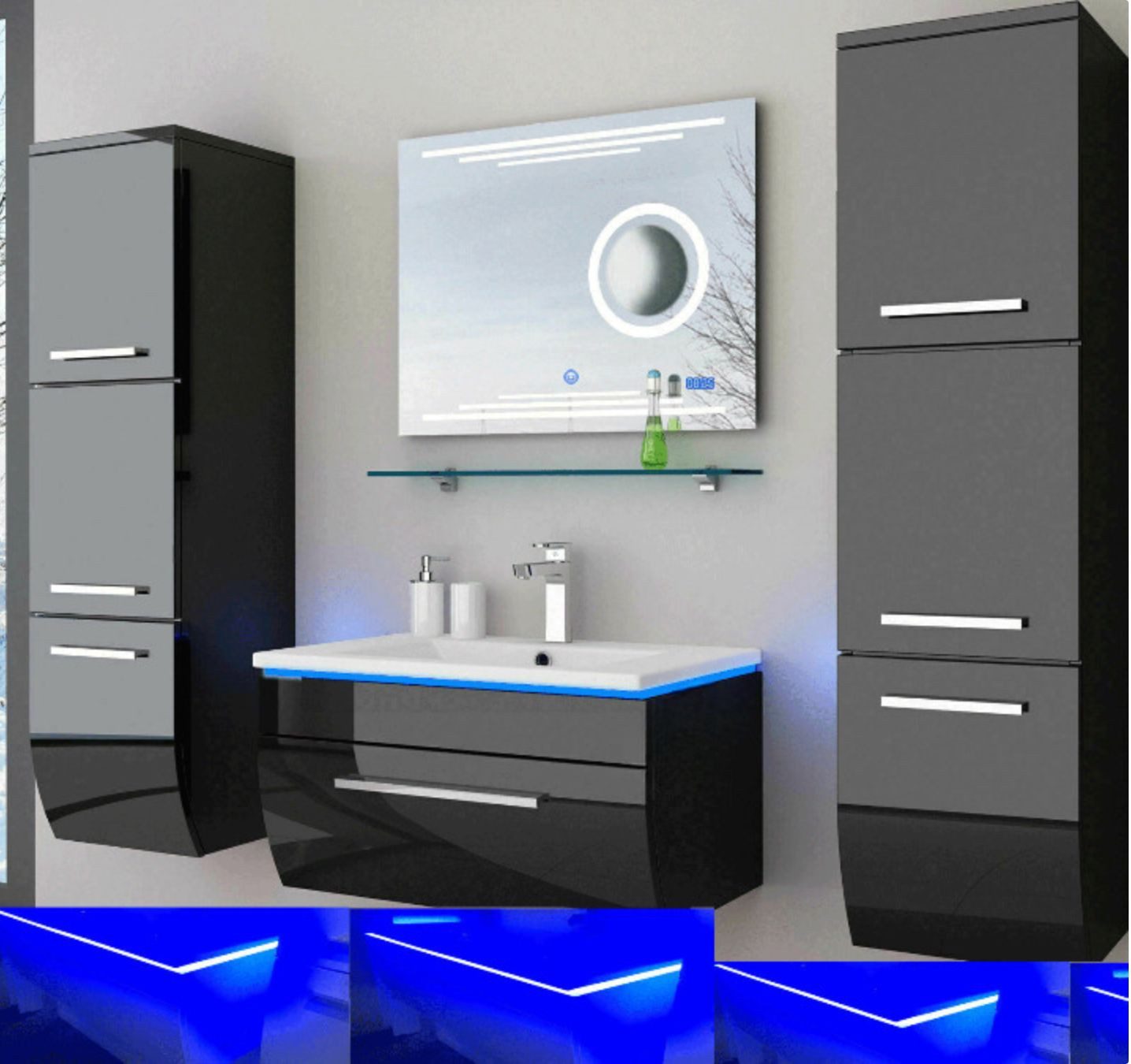 Homeline Badmöbel-Set Badmöbel Set Hochglanz lackiert 6 TLG 70 cm Schwarz Led Touch, (Spar-Set, Sechsteiliges Set), Hochglanz lackiert Schon vormontiert