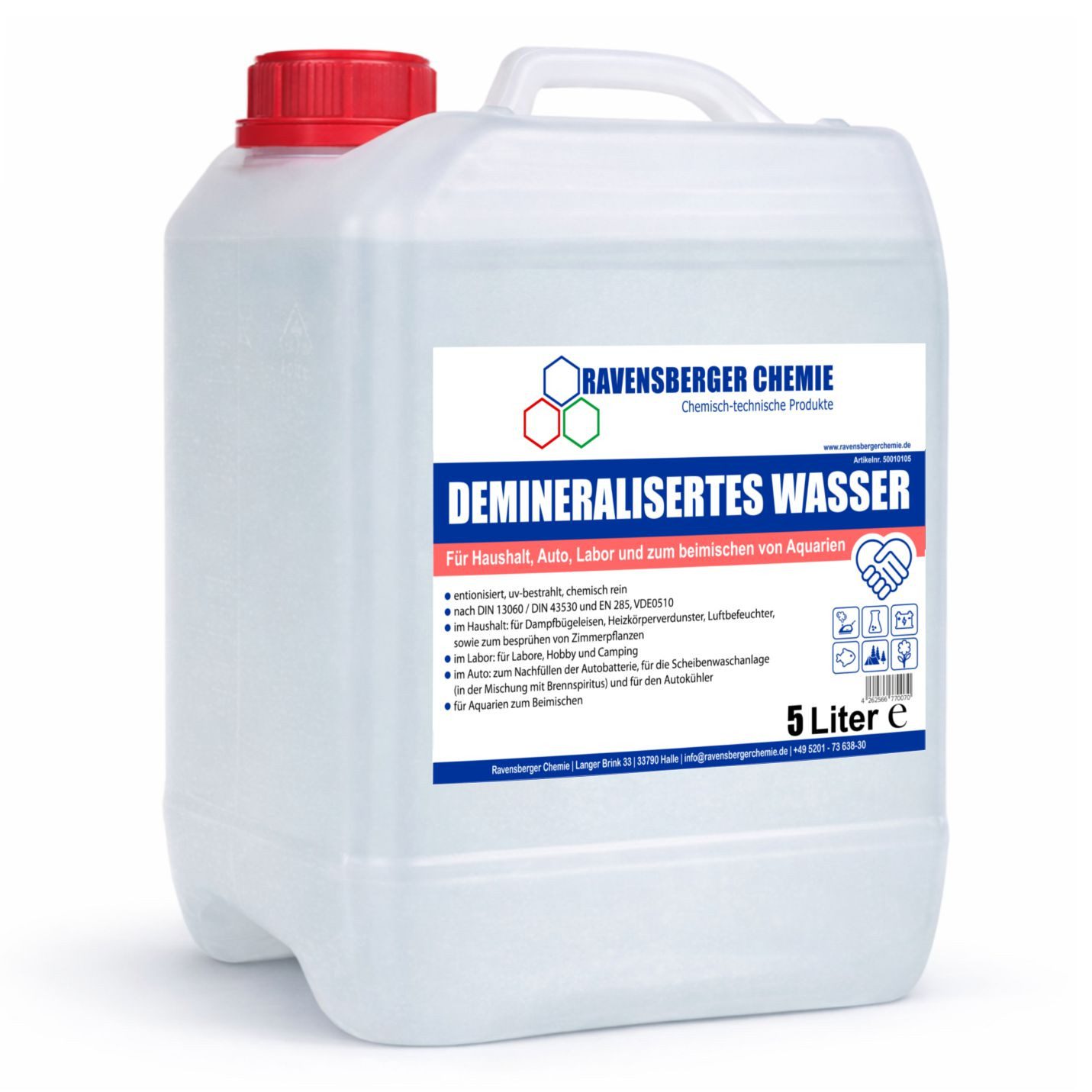 Ravensberger Chemie Bügelwasser VE-Wasser Demineralisiertes Wasser - 5 L, 5 Liter Kanister von Ravensberger Chemie -, kalkfrei für Auto, Batterie, Haushalt, Dampfbügeleisen und Labor