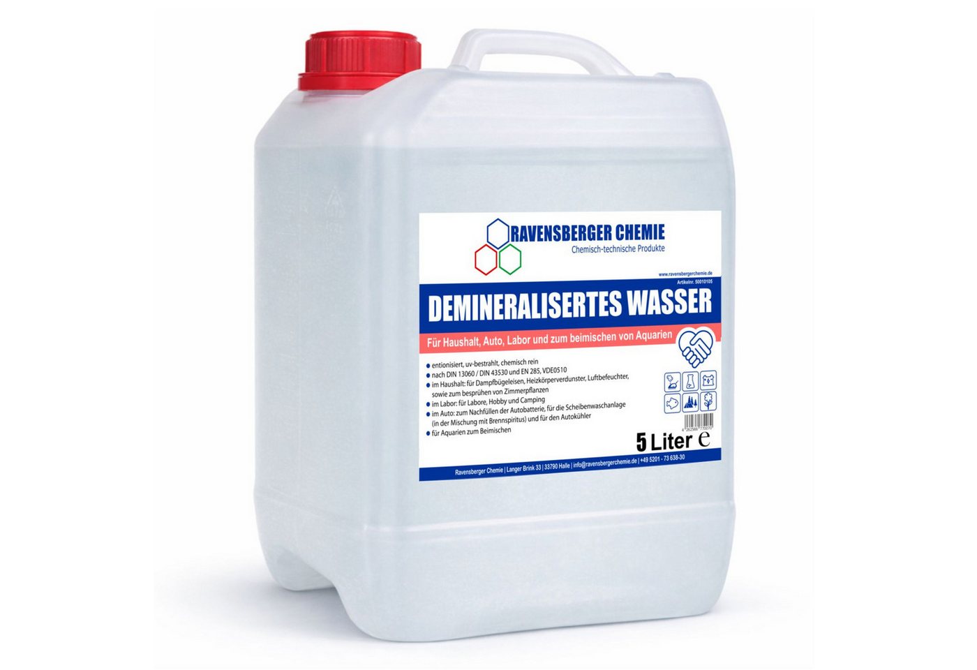 Ravensberger Chemie Bügelwasser VE-Wasser Demineralisiertes Wasser - 5 L, 5 Liter Kanister von Ravensberger Chemie -, kalkfrei für Auto, Batterie, Haushalt, Dampfbügeleisen und Labor