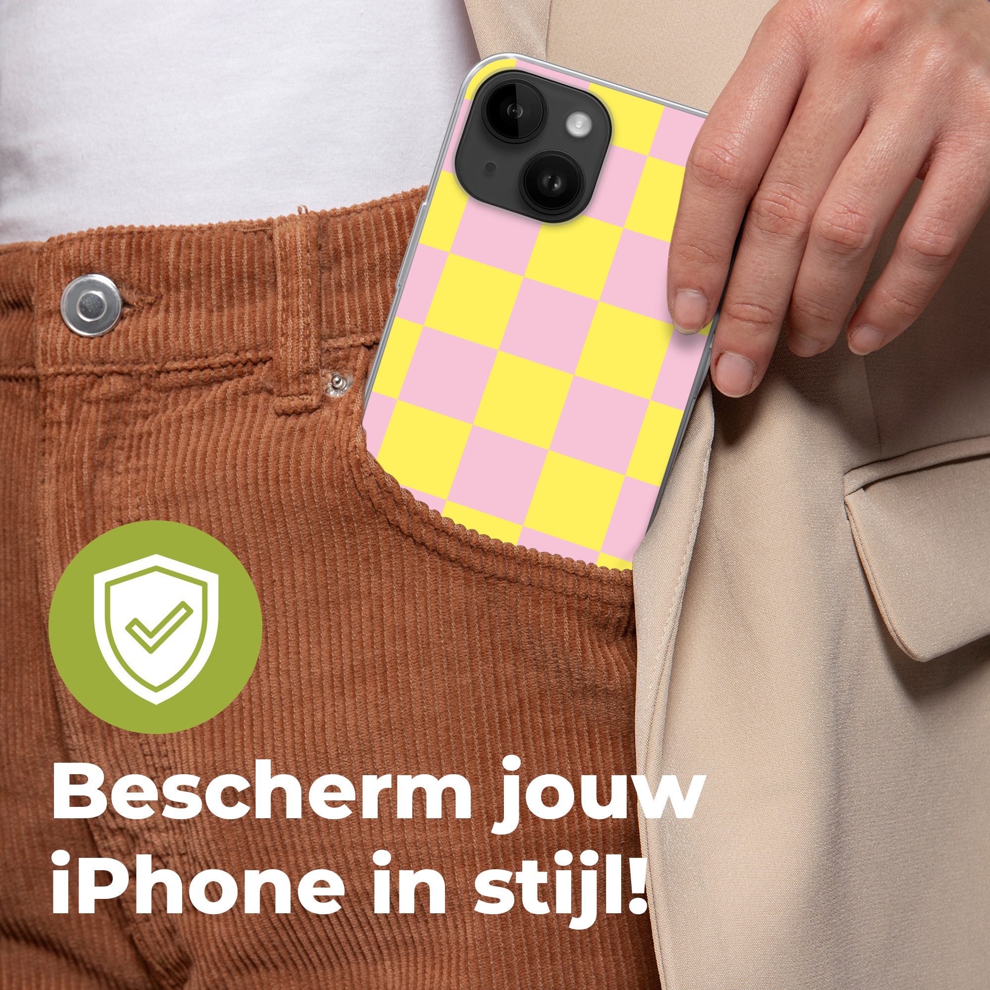 MuchoWow Handyhülle für Apple iPhone 14 Schachbrettmuster - Gelb - Rosa - Würfel, Smartphone-Bumper, Print, Handy Schutzhülle Dünn